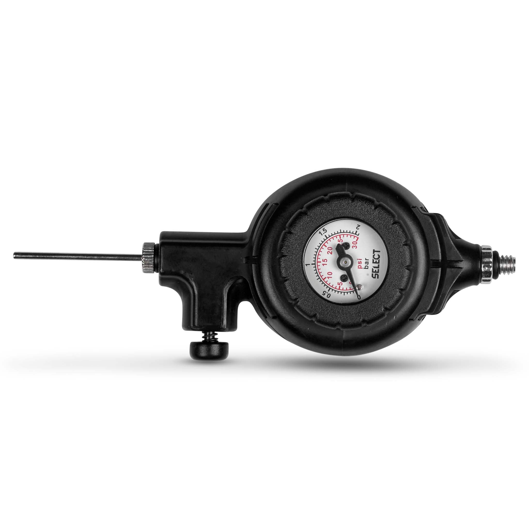 Black mechanical pressure gauge, training equipment, front page view with white dial and needle.