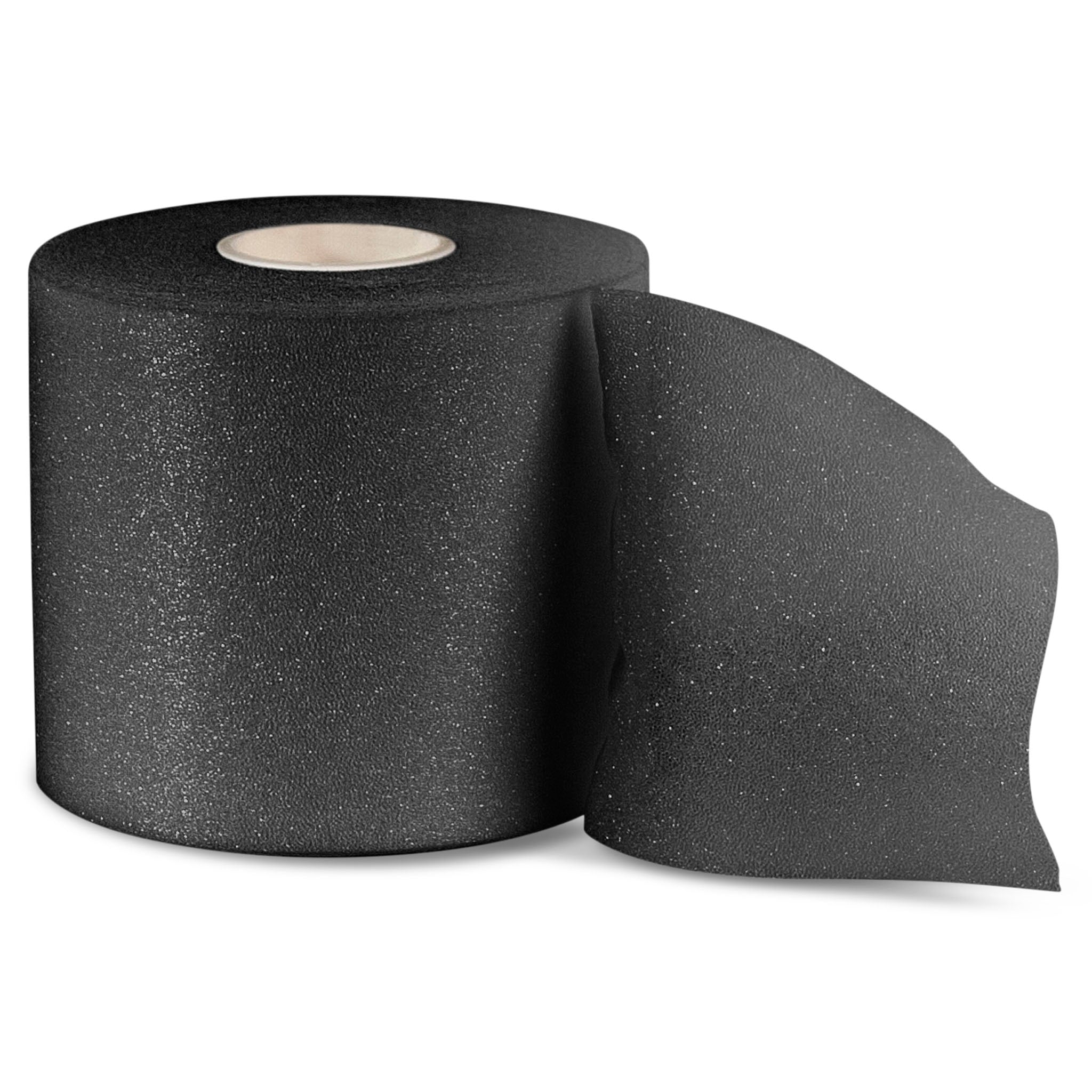 Front page of black Shin wrap roll, football training equipment, partially unrolled.