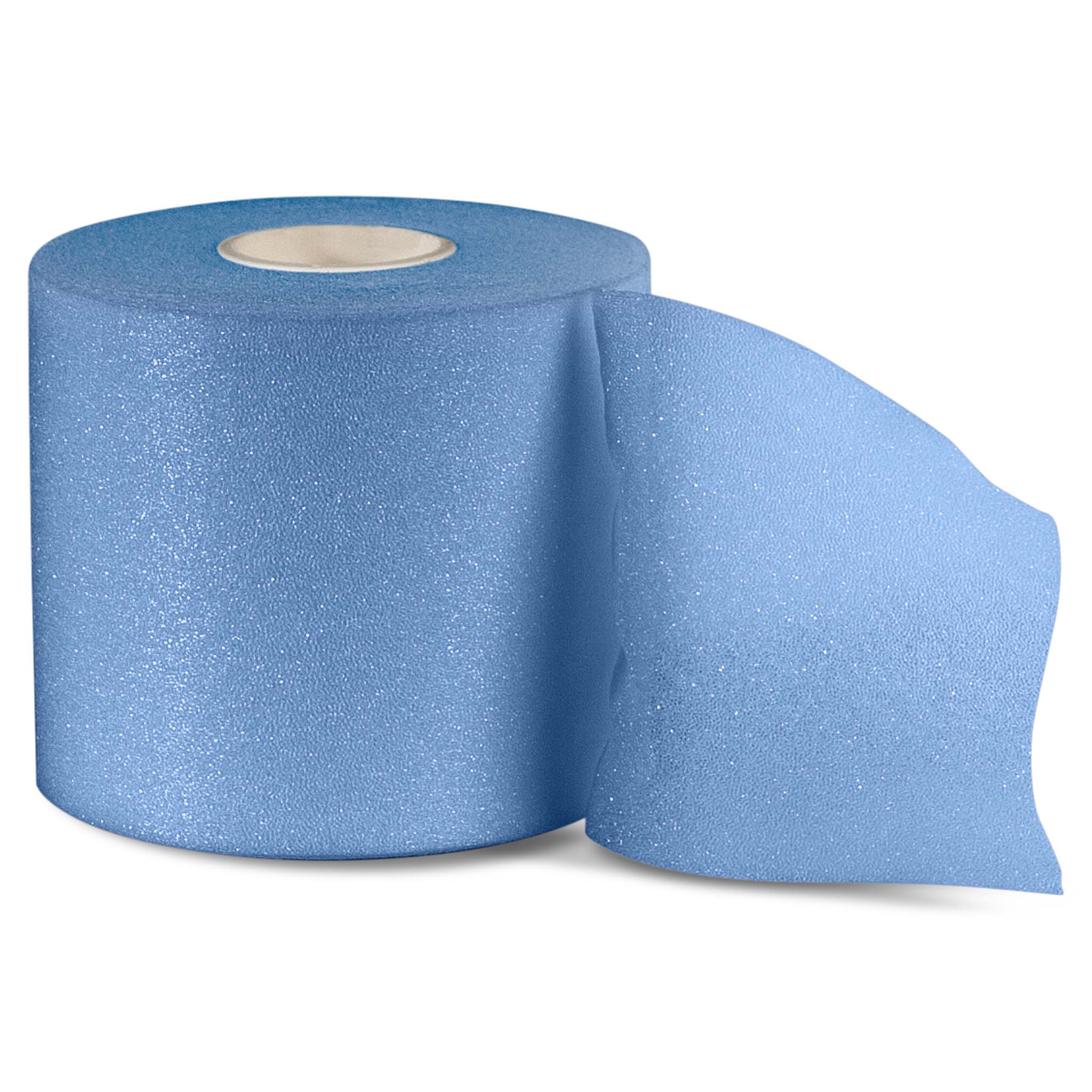 Front page of blue Shin wrap, football training equipment, shown as a partly unrolled roll.