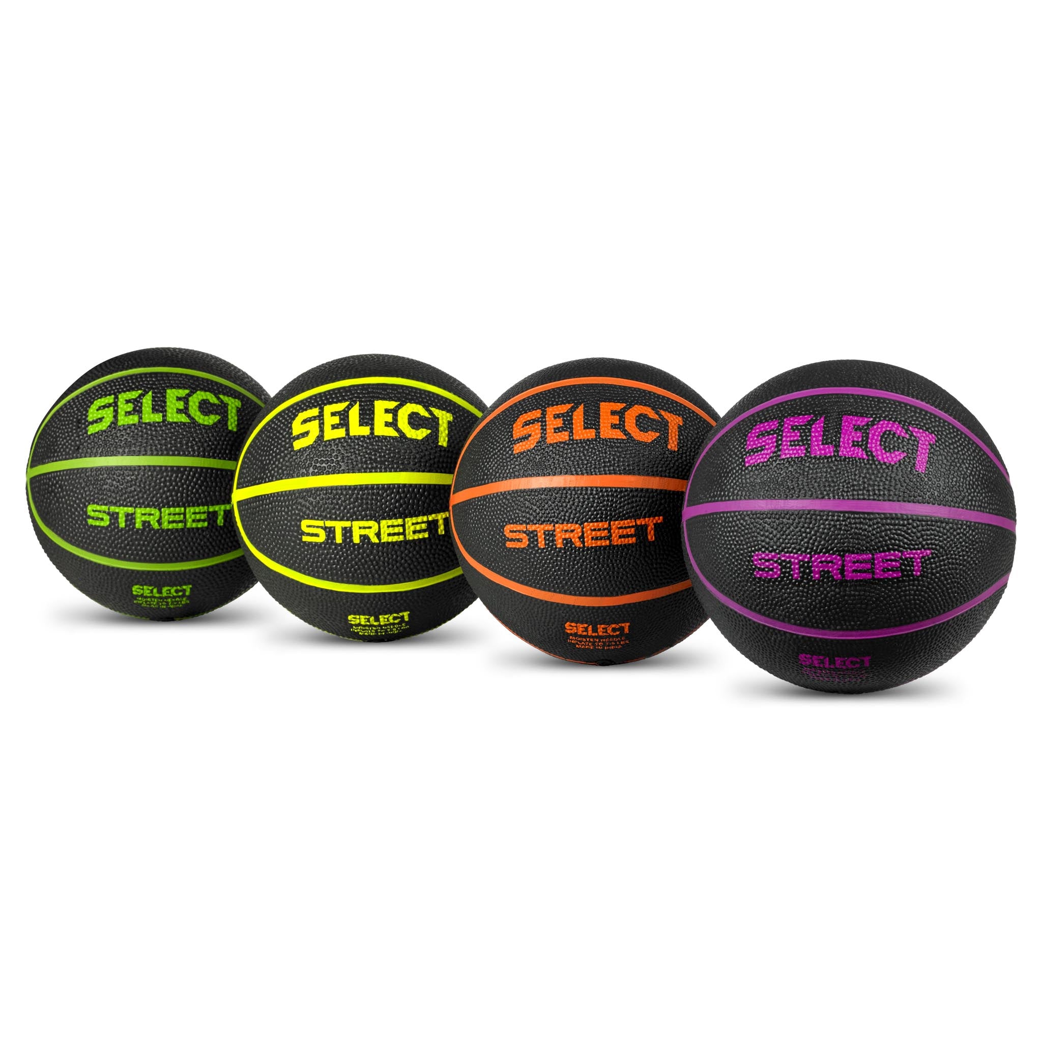 Basketball mini, Other balls, front page: four black balls with green, yellow, orange and purple accents.
