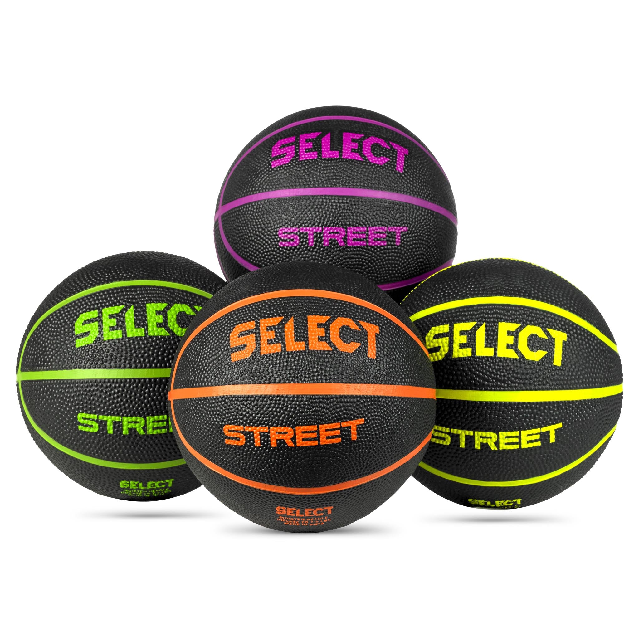 Front page of Basketball mini, Other balls. Four black balls with purple, green, orange and yellow SELECT STREET print.