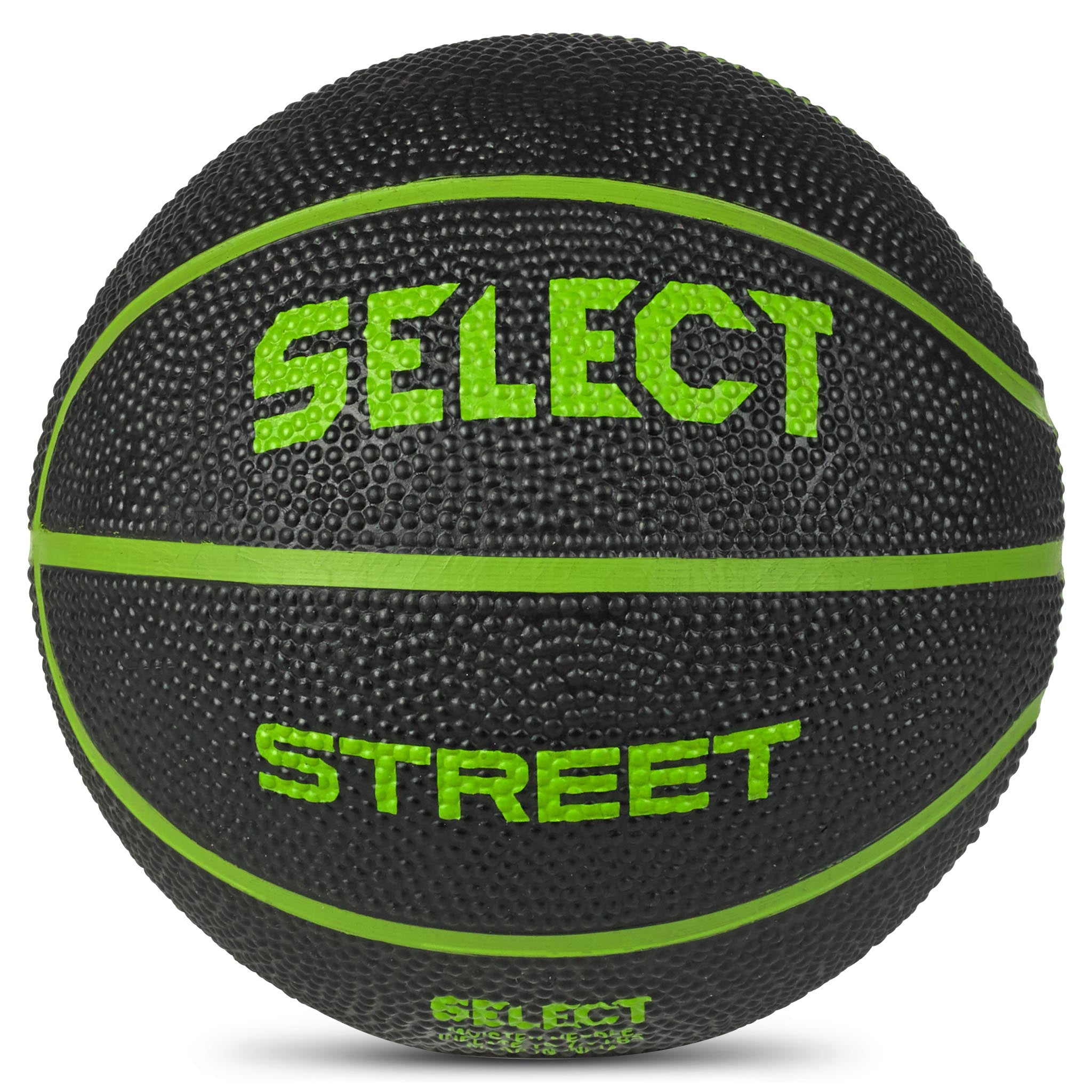Black and green Basketball mini, Other balls, closeup showing textured surface with green Select and Street branding.