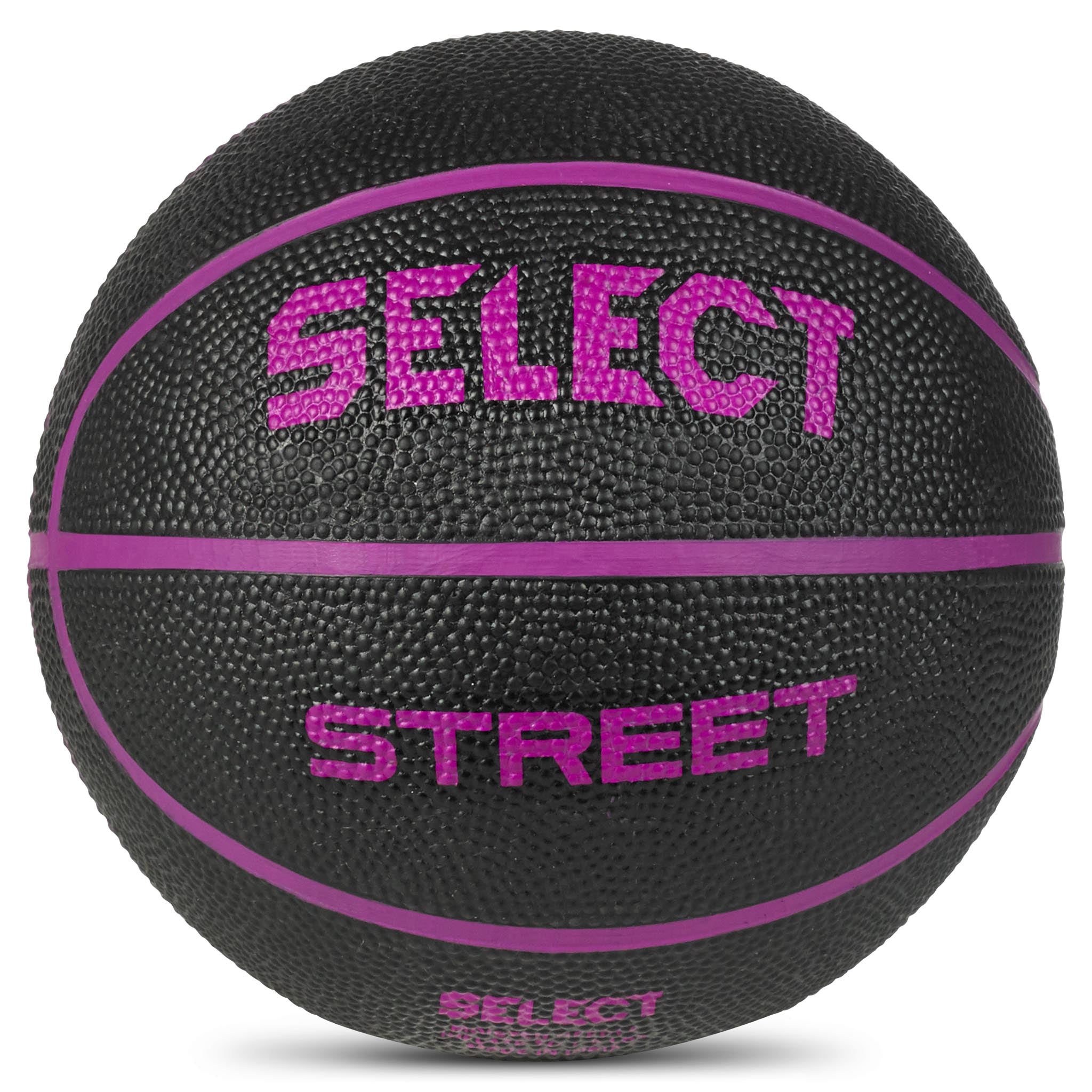 Basketball mini in black with purple lines and text, from Other balls. Closeup front view.