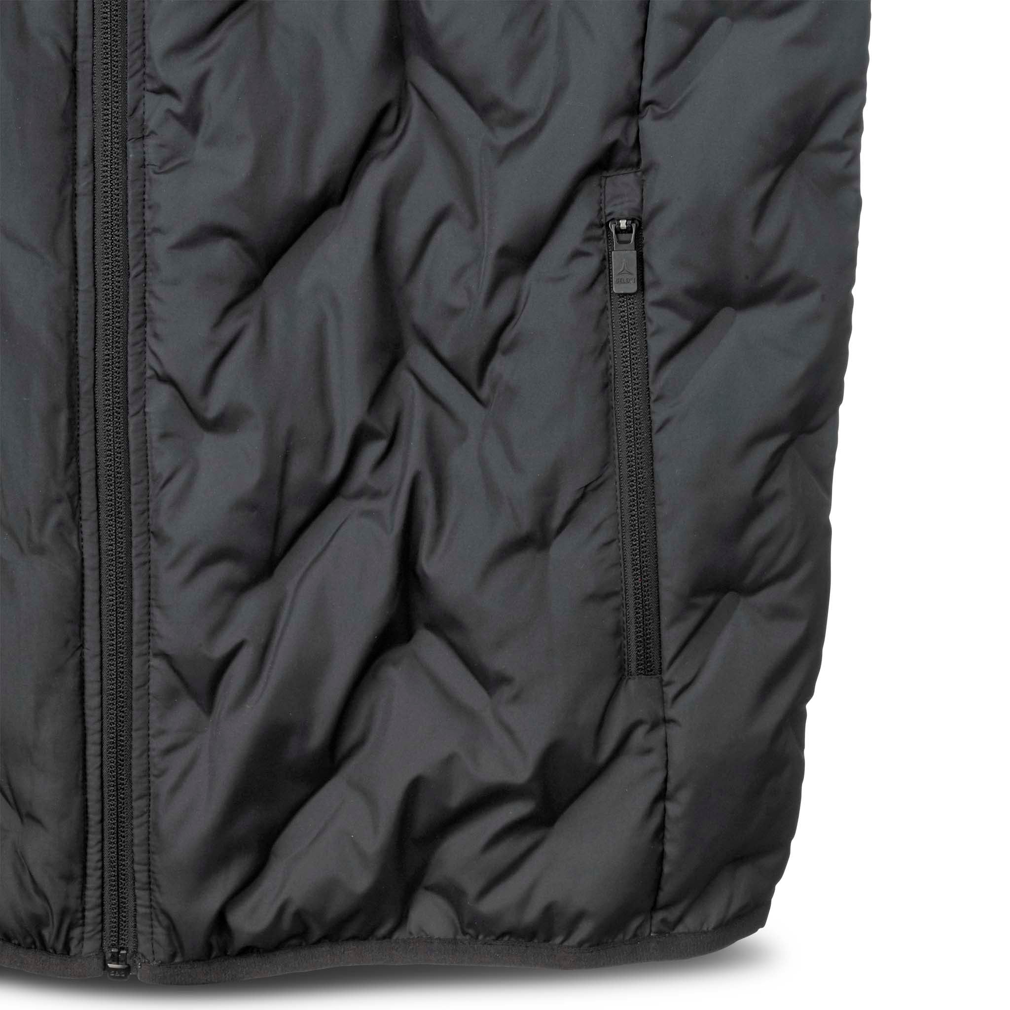 Closeup of black Padded vest Oxford leisure wear, showing quilted texture and zipped pocket detail