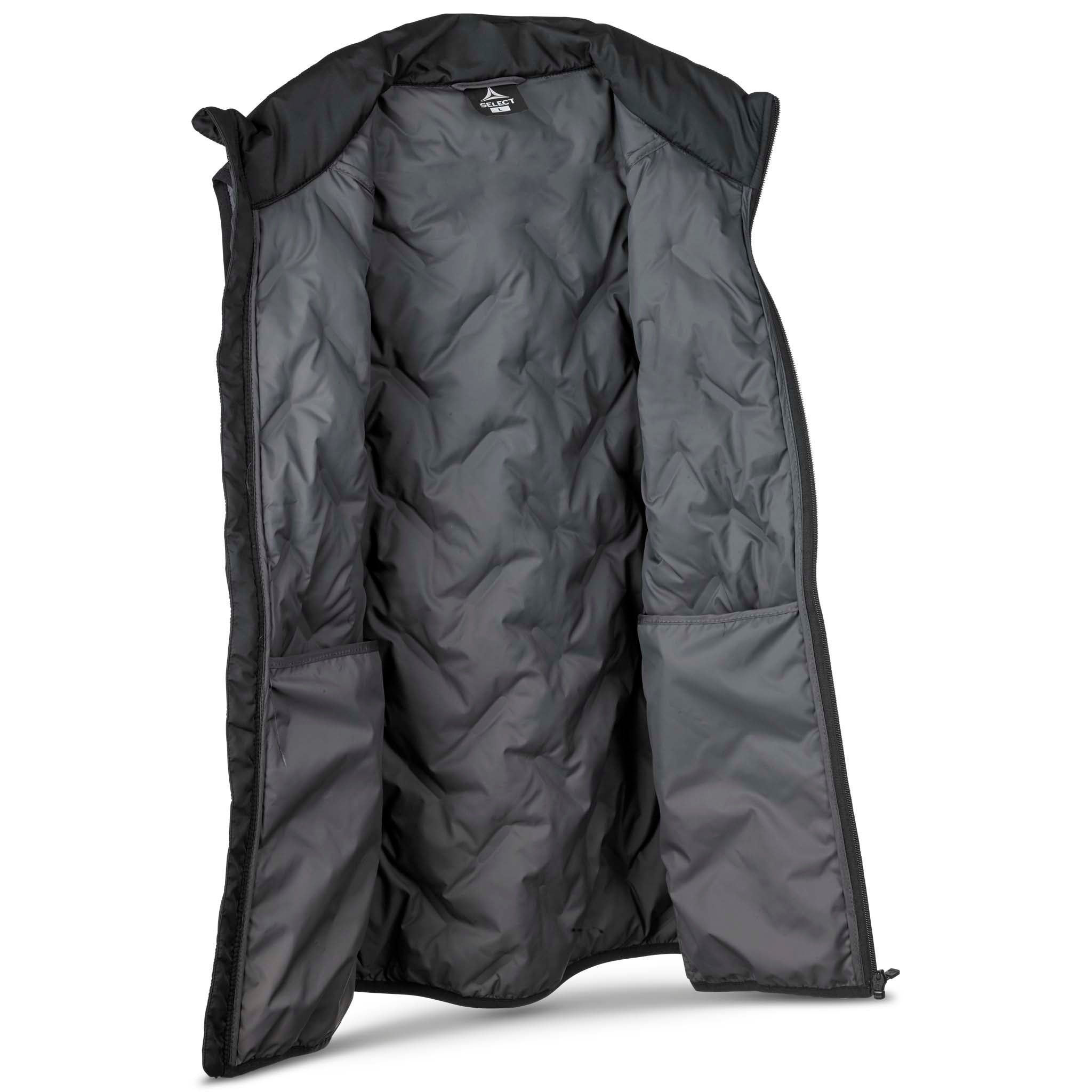 Closeup of black Padded vest Oxford leisure wear, showing quilted grey inner lining and interior pocket.