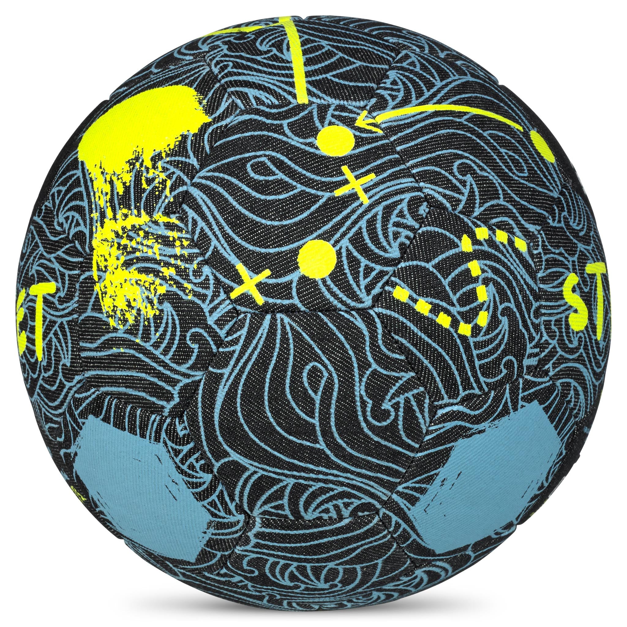 FB Street v24 football, navy blue with light blue and yellow swirl patterns, left-side view
