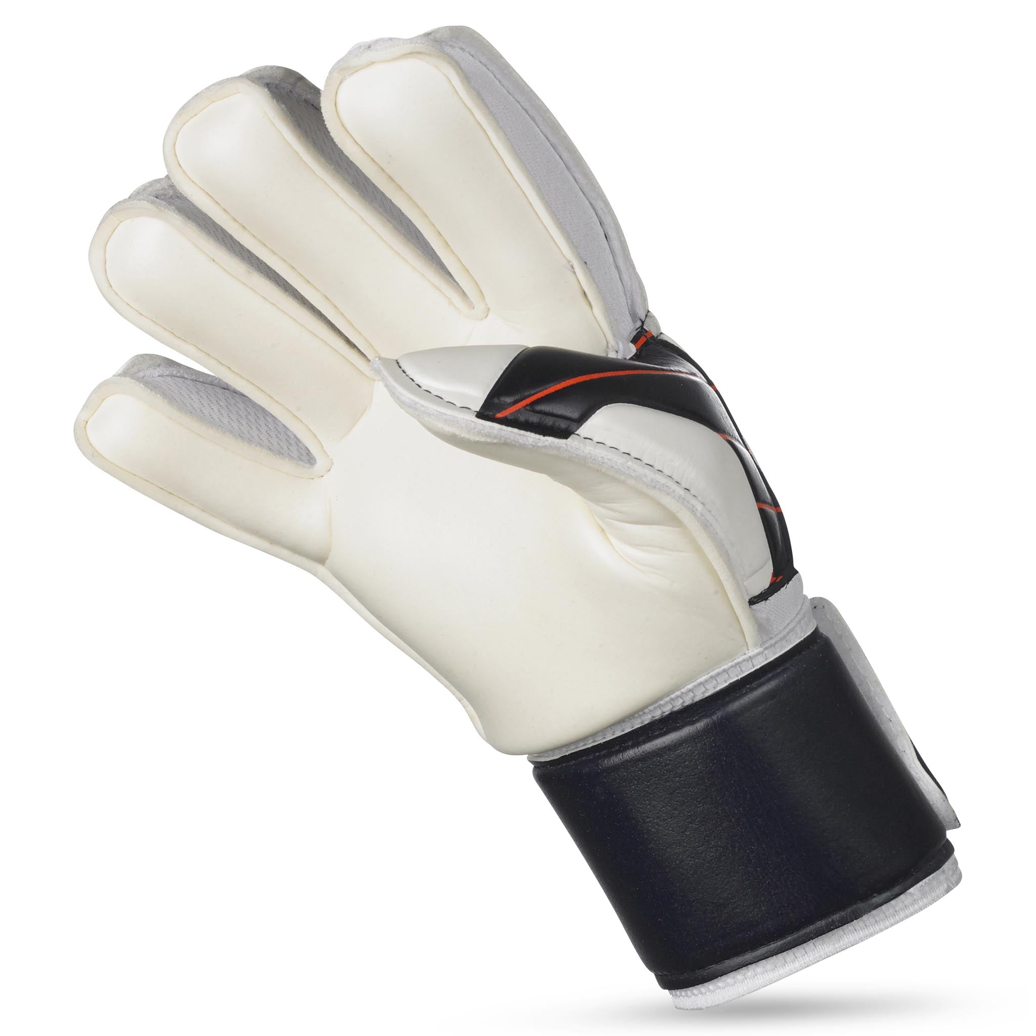 Bagside af Gloves 04 Protection v24 målmandshandsker til fodbold i hvid, sort og orange.