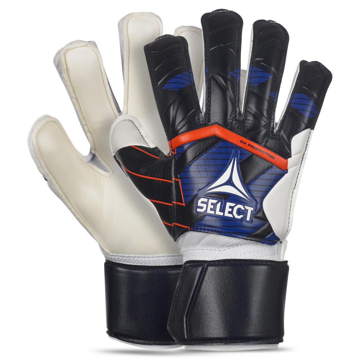 Forside af Gloves 04 Protection v24 målmandshandsker til fodbold i blå, hvid, sort og orange.