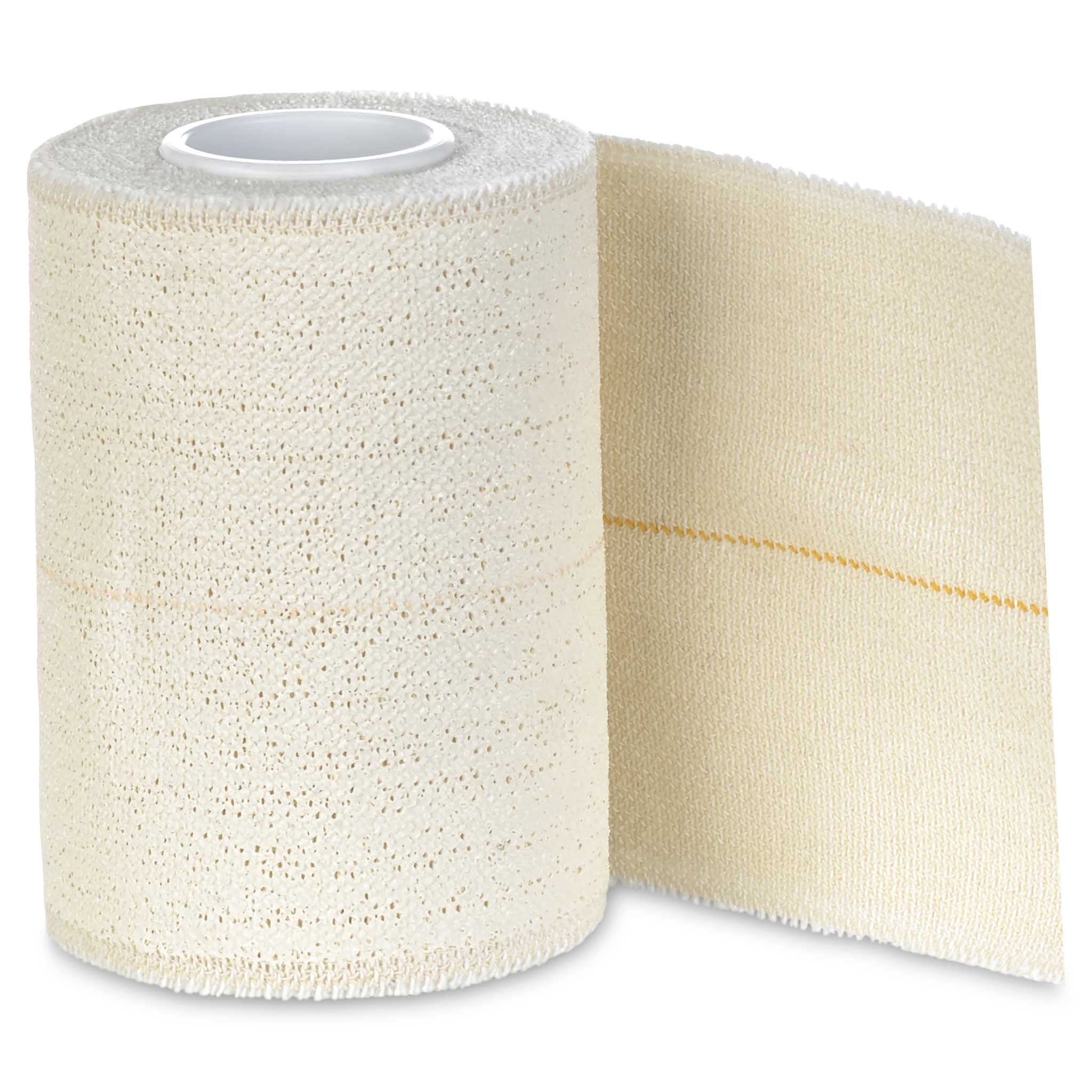 Front page of cream-white Tensoplast elastic adhesive bandage roll with orange stripe, Sports care.