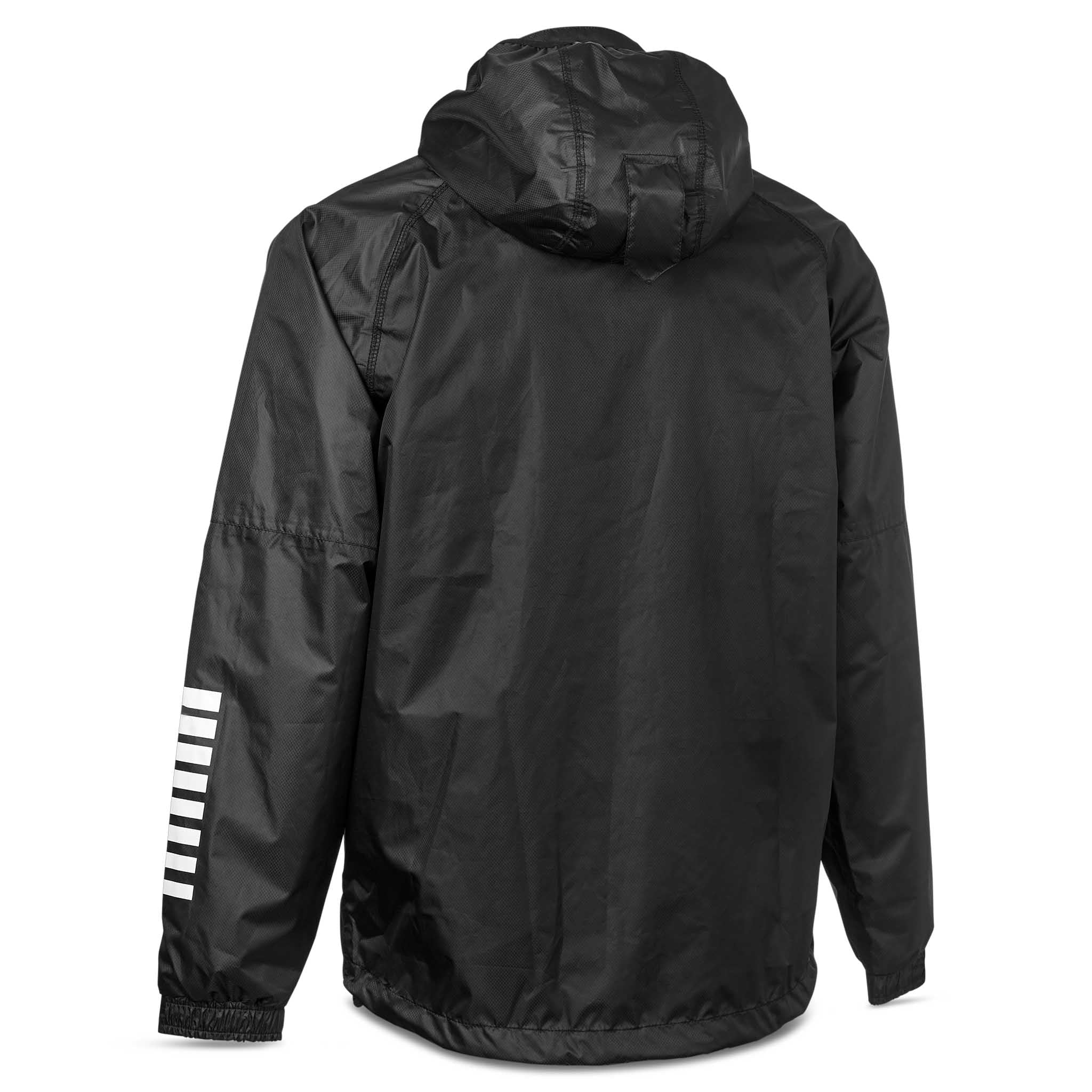 Bagside af sort All-weather jacket Monaco v24 med hvide striber på ærmet, hætte, Match & Training fodboldtøj