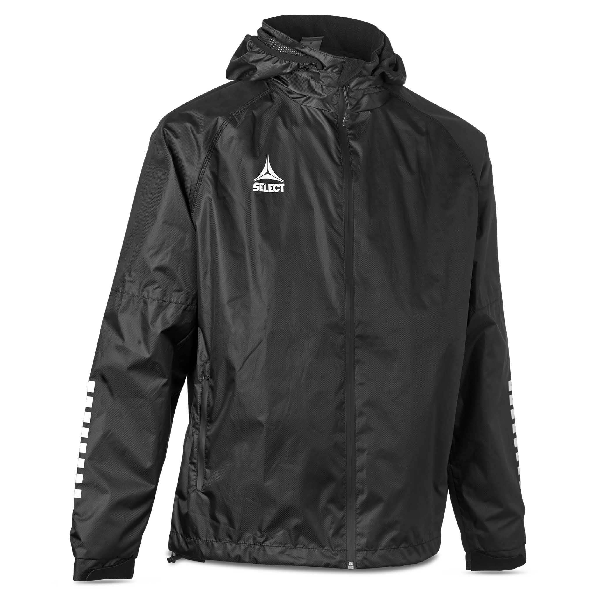 Forfra af sort All-weather jacket Monaco v24, Match & Training wear, med hætte og hvidt logo.