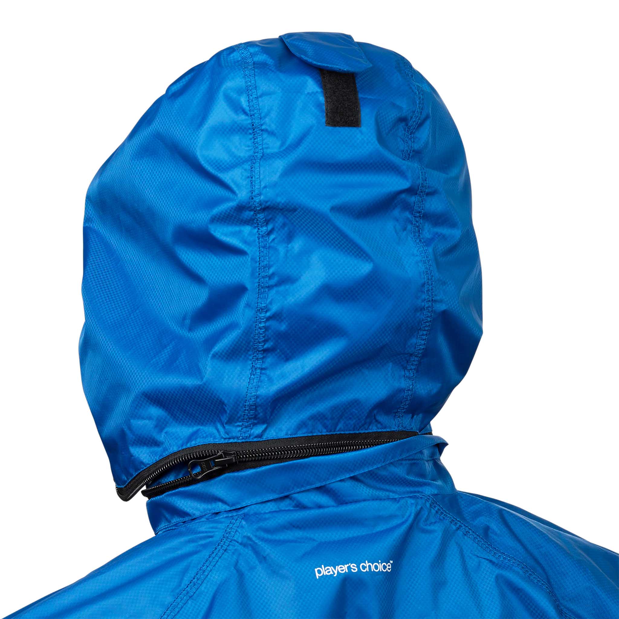 Nærbillede af blå All-weather jacket Monaco v24 hætte med lynlås, fodbold Match & Training wear