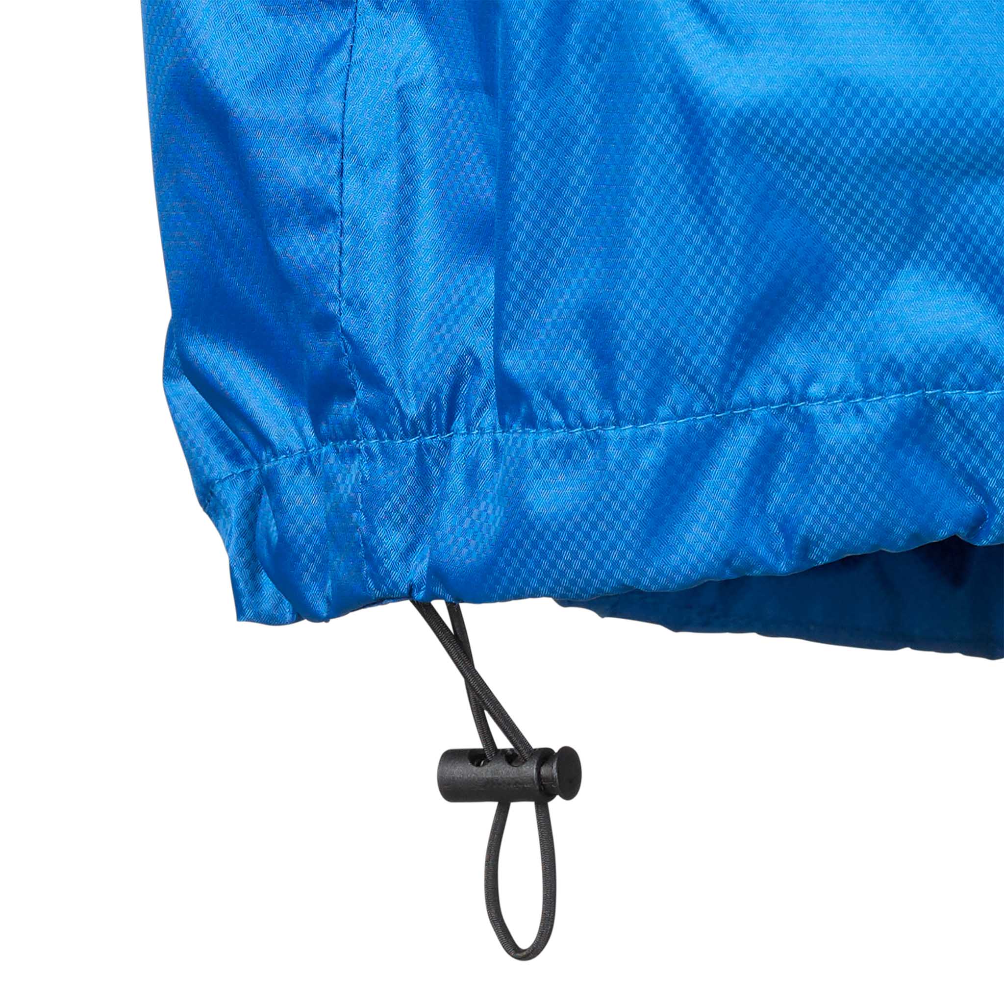 Nærbilled af blå All-weather jacket Monaco v24, Match & Training wear, med sort justerbar snoretræk i kanten.
