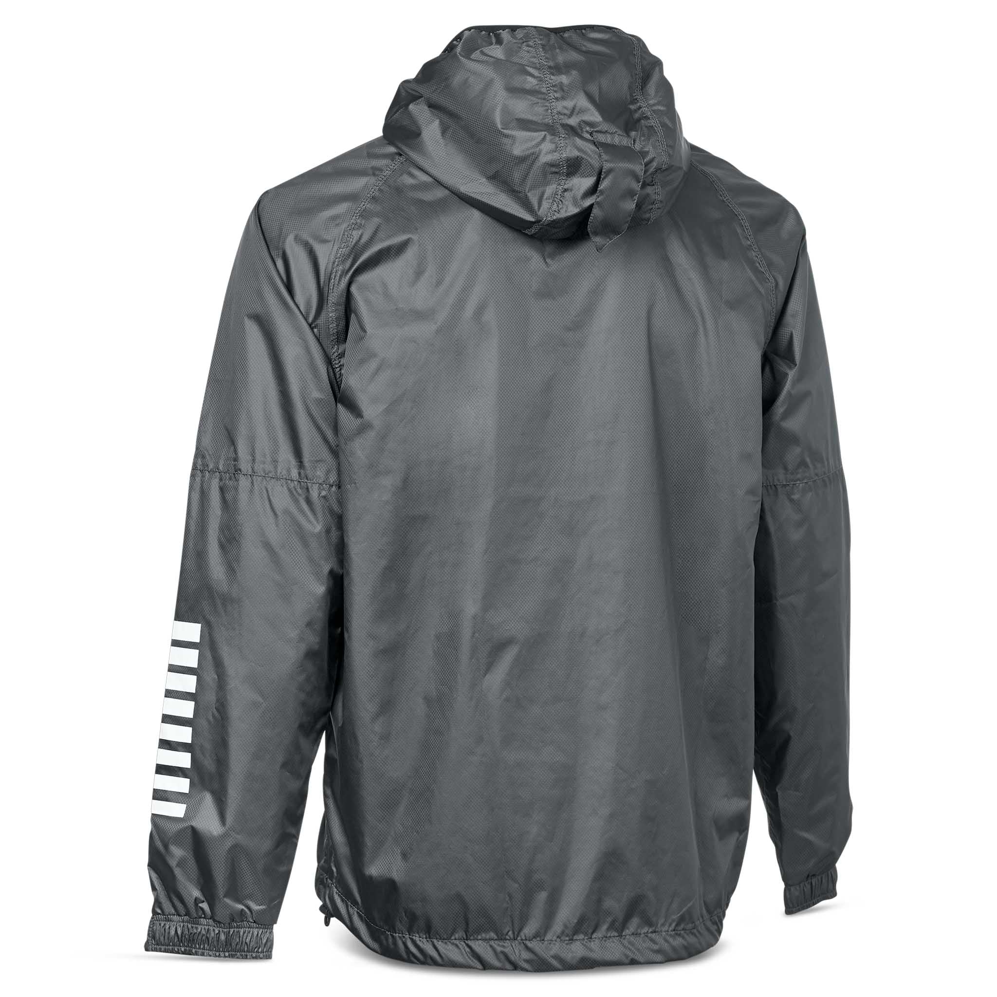 Bagside af grå All-weather jacket Monaco v24 med hætte og hvide striber på ærmet, fodbold Match & Training wear