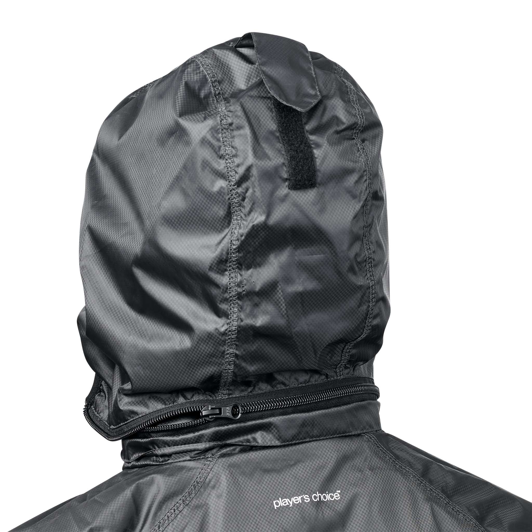 Nærbillede af grå All-weather jacket Monaco v24 hætte og lyndetalje, Match & Training tøj.