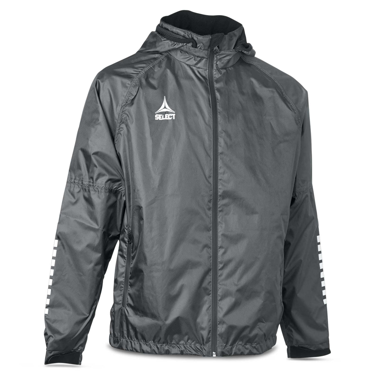 Forfra grå og hvid All-weather jakke Monaco v24, fodbold kamp- og træningstøj med hætte