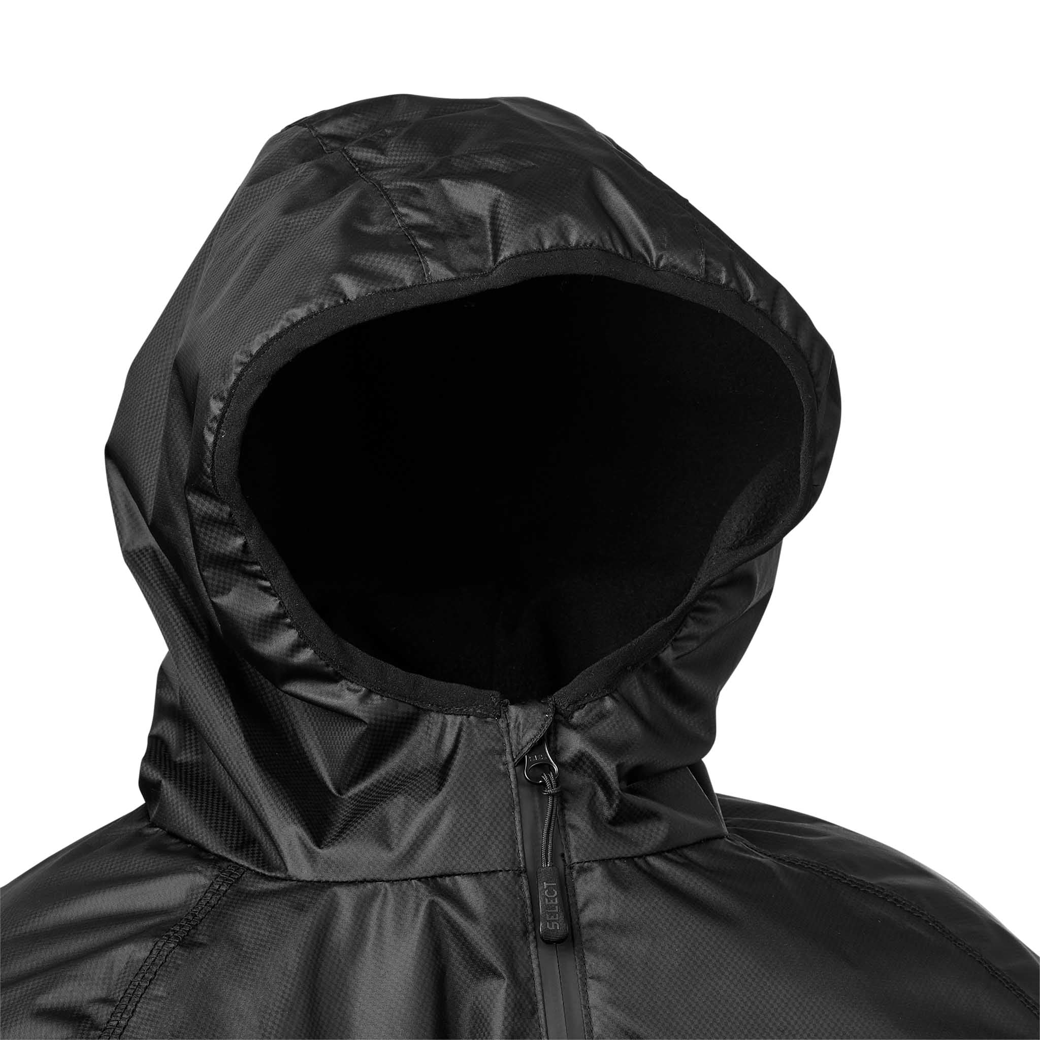 Closeup of black Functional jacket Monaco v24 hood and zipper, Match & Training wear