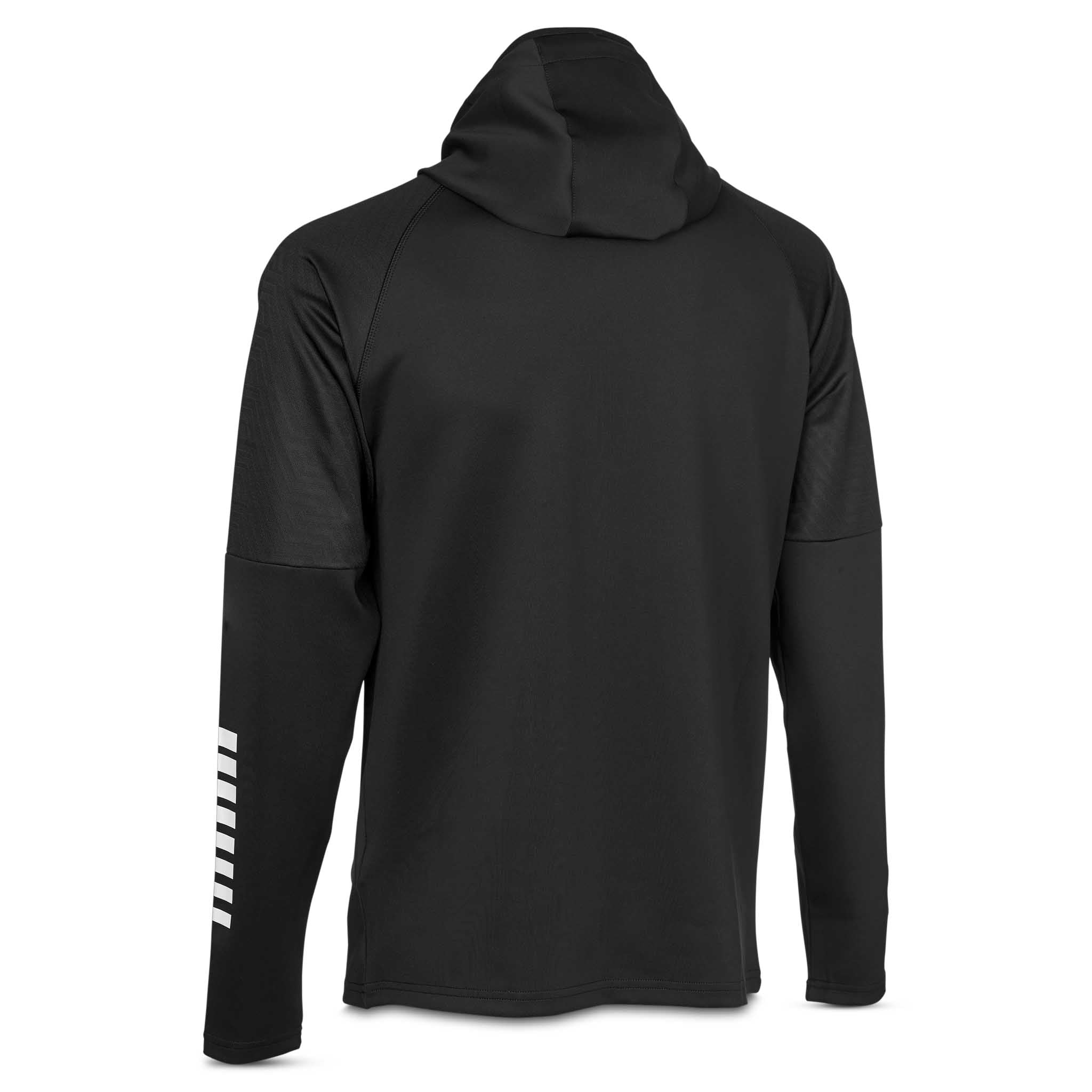 Back page of black Zip hoodie Monaco v24, Match & Training wear, with hood and white sleeve detail.