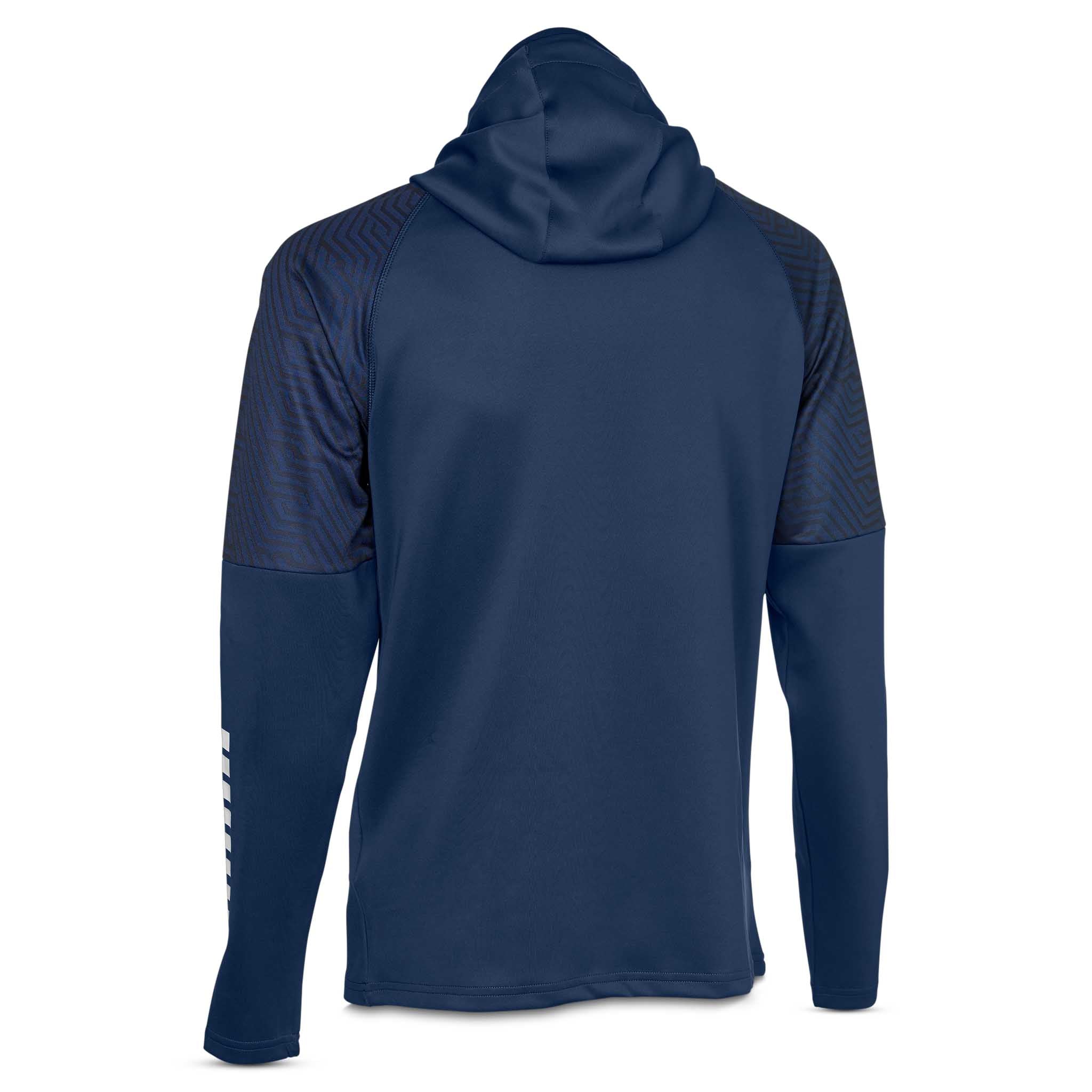 Back page of navy Zip hoodie Monaco v24, football Match & Training wear with hood and white logo.