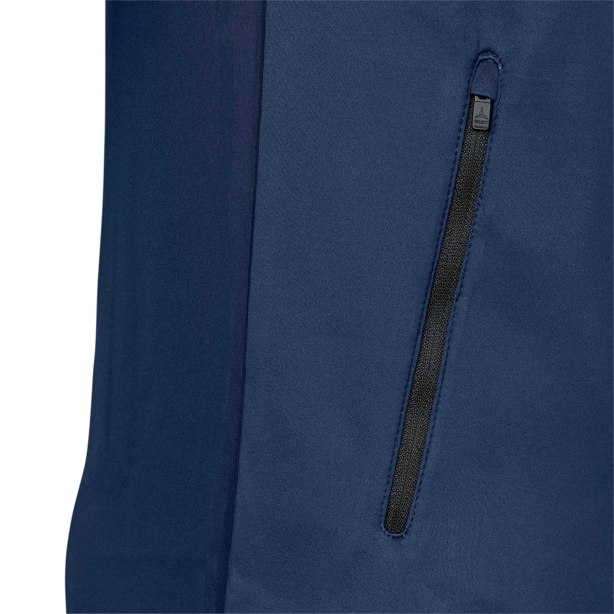 Closeup of navy Zip hoodie Monaco v24 Match & Training wear, showing black zip pocket detail.