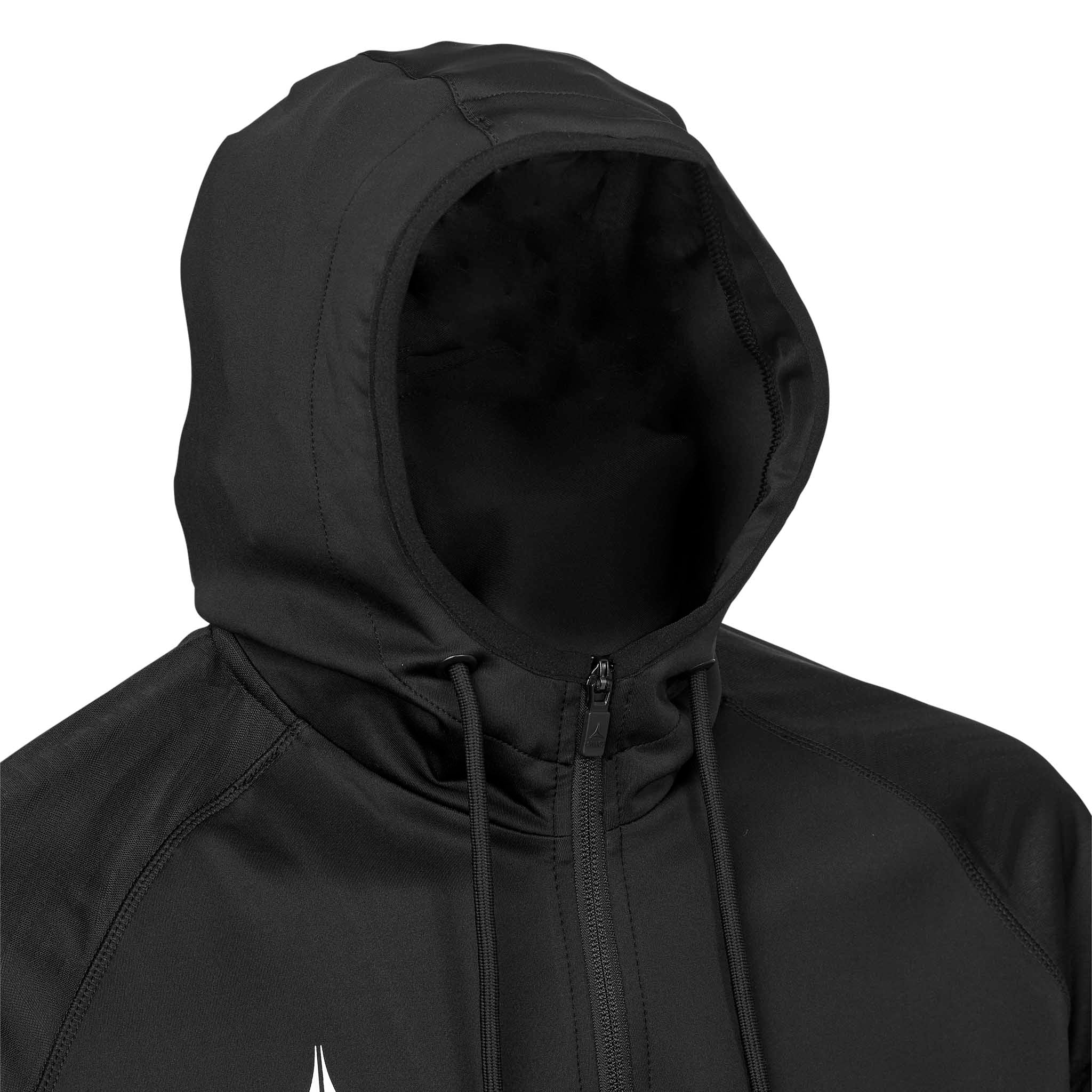 Closeup of black-white Zip hoodie Monaco v24, showing hood and zipper detail. Match & Training wear.