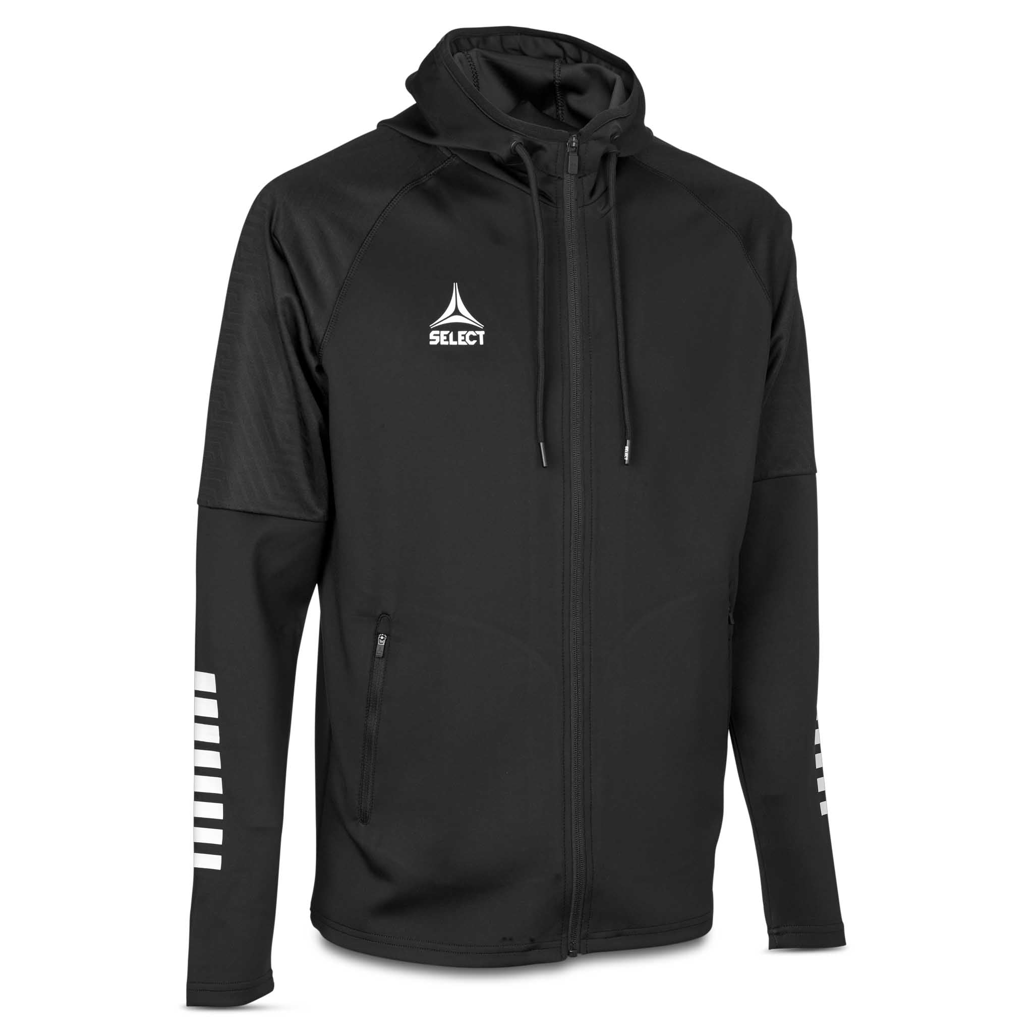 Front view of black Zip hoodie Monaco v24, Match & Training wear, with white logo and football accents.