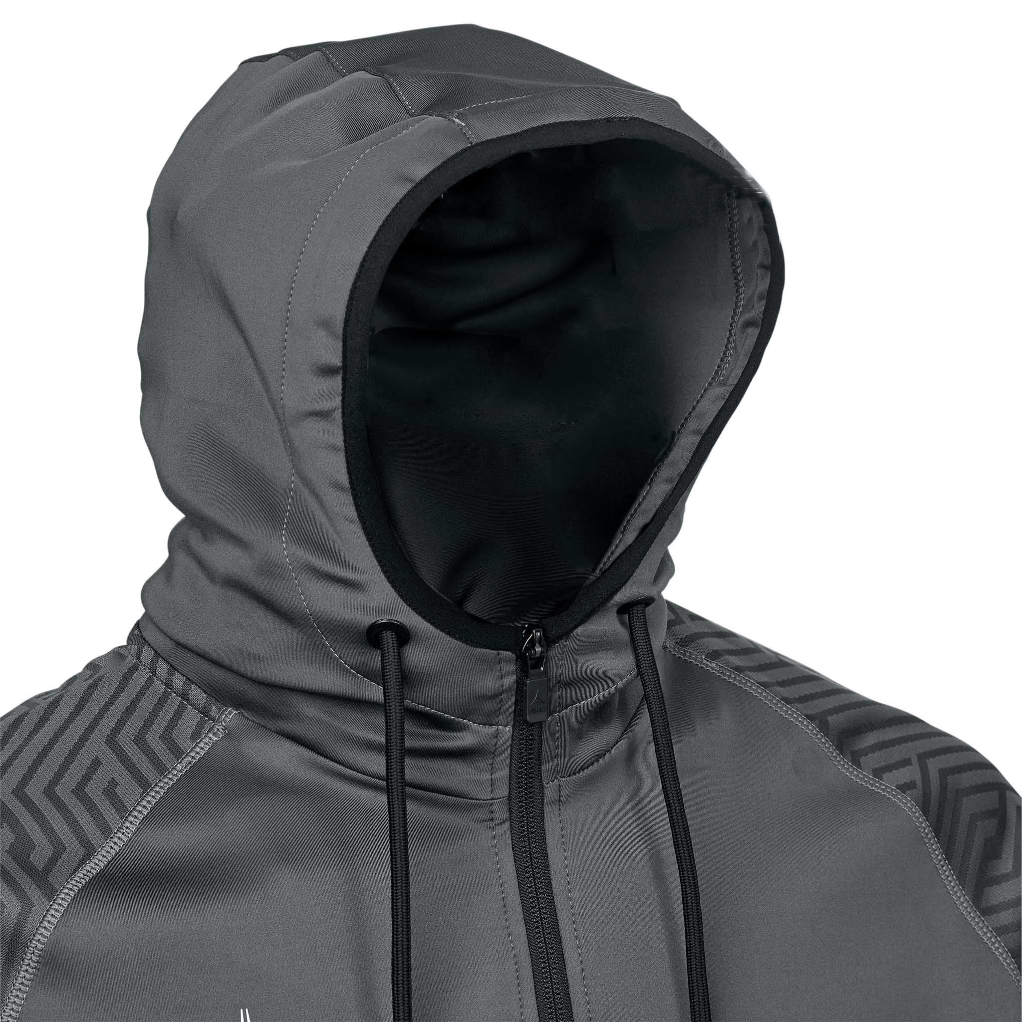 Closeup of grey Zip hoodie Monaco v24, Match & Training wear, showing hood with black lining and drawstrings.