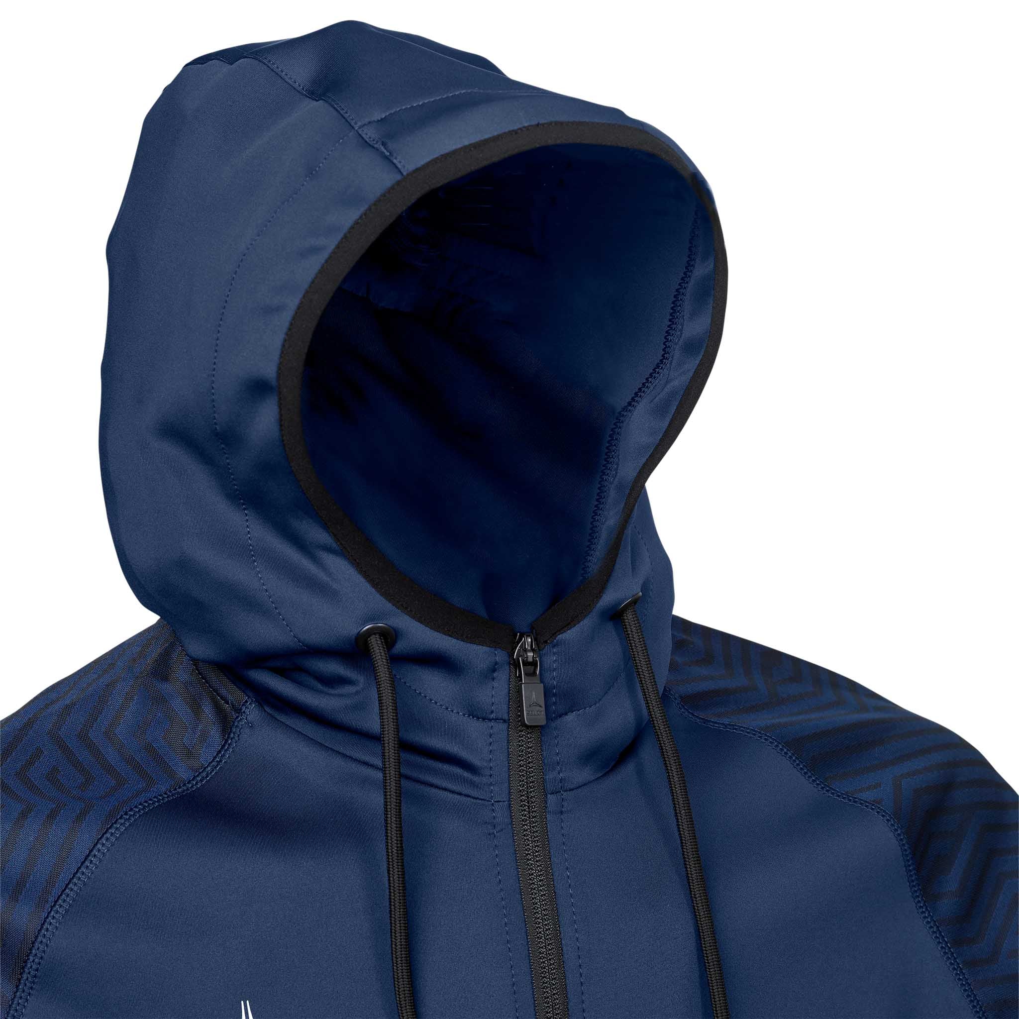 Closeup of navy Zip hoodie Monaco v24, Match & Training wear, showing hood, black zip and drawstrings.