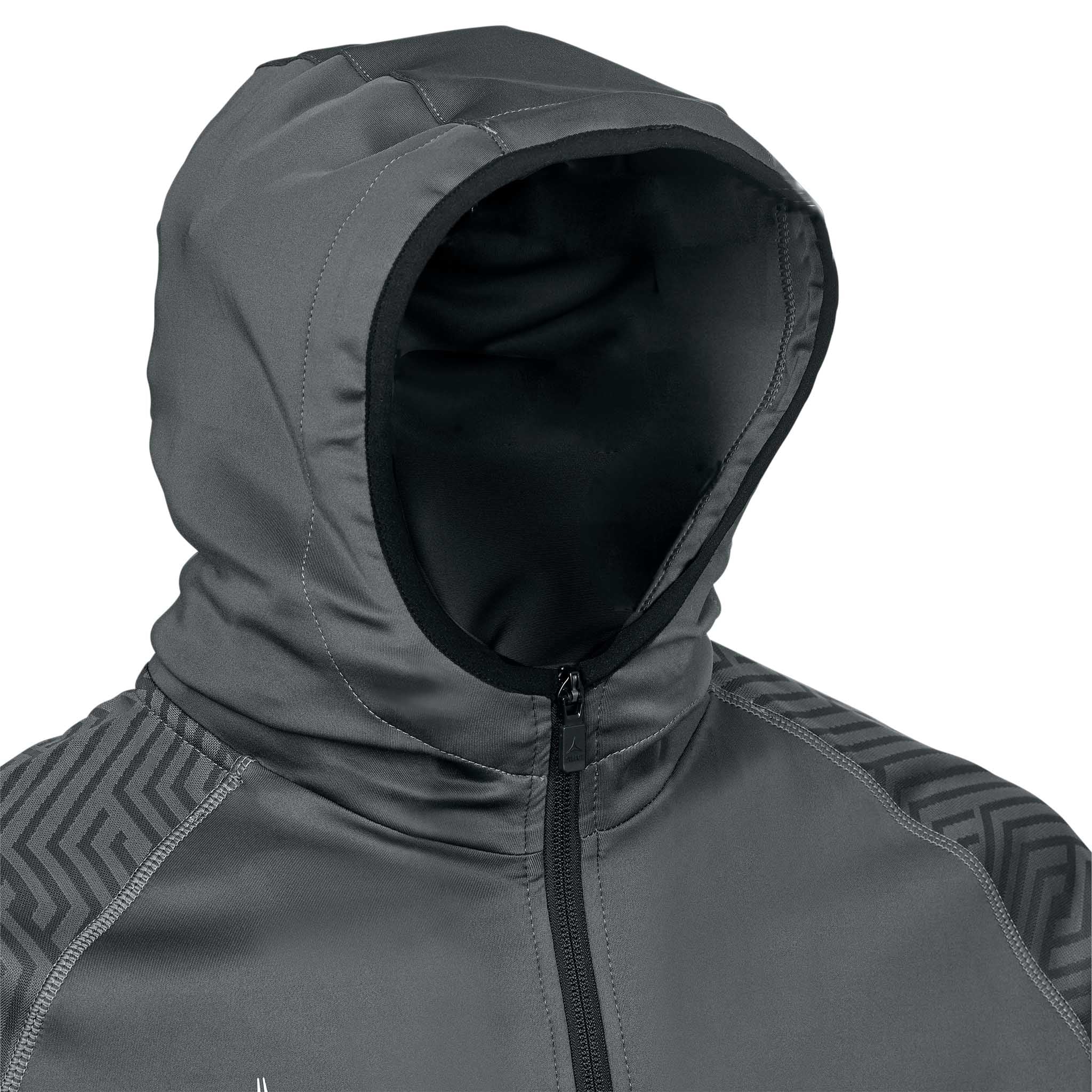 Closeup of grey Zip hoodie Monaco v24, Match & Training wear, showing black-lined hood and zip detail.