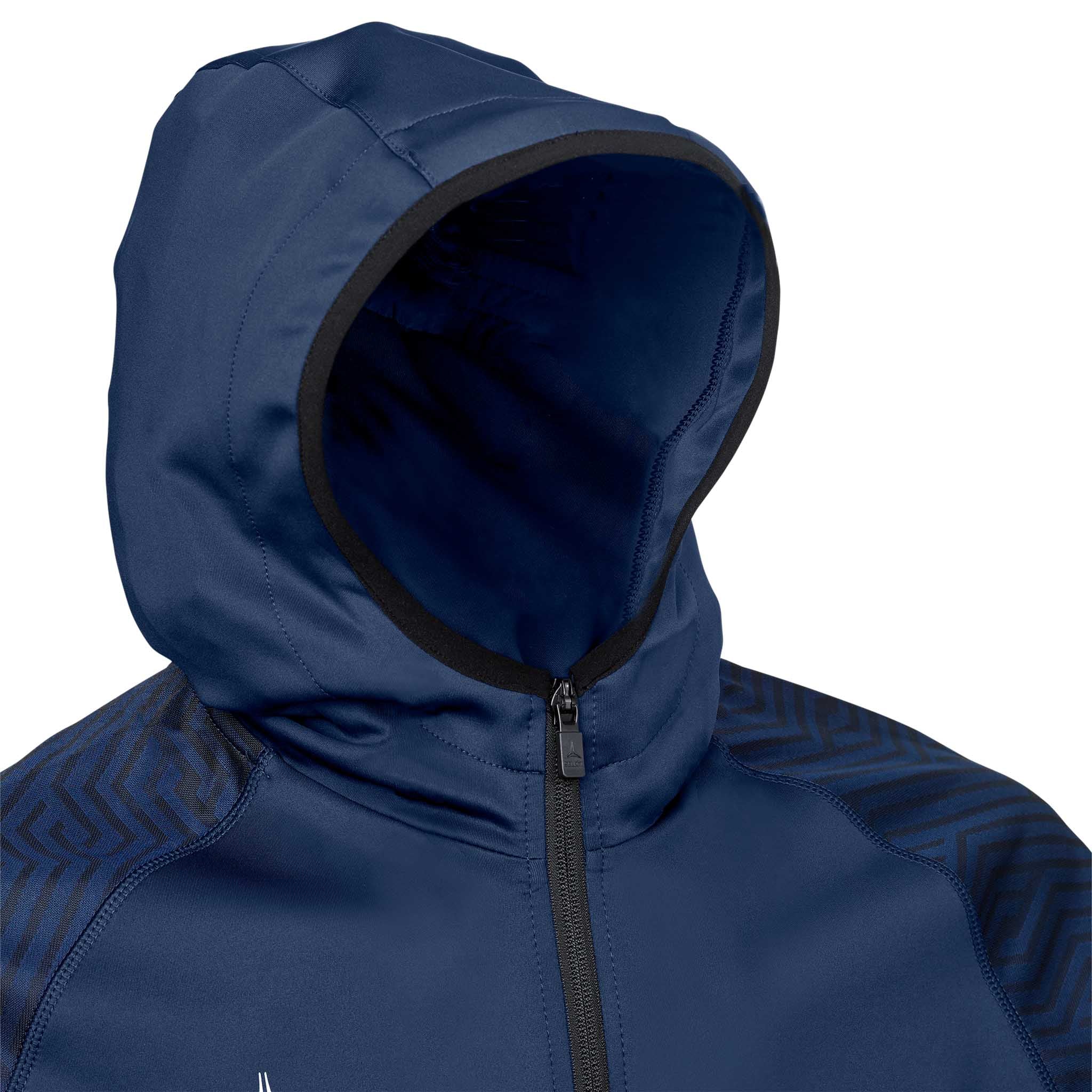 Closeup of navy Zip hoodie Monaco v24 football wear, showing hood with black trim and front zip detail.