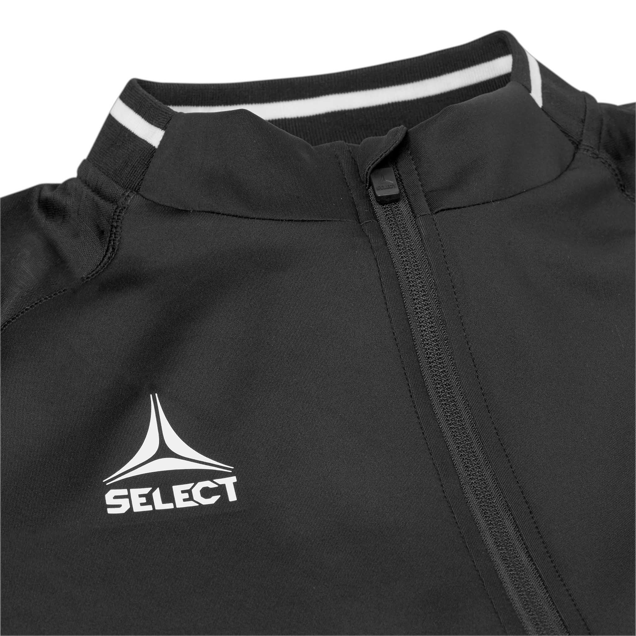 Closeup of black Training sweat 1/2 zip Monaco v24, Match & Training wear, showing white logo and zipper detail.