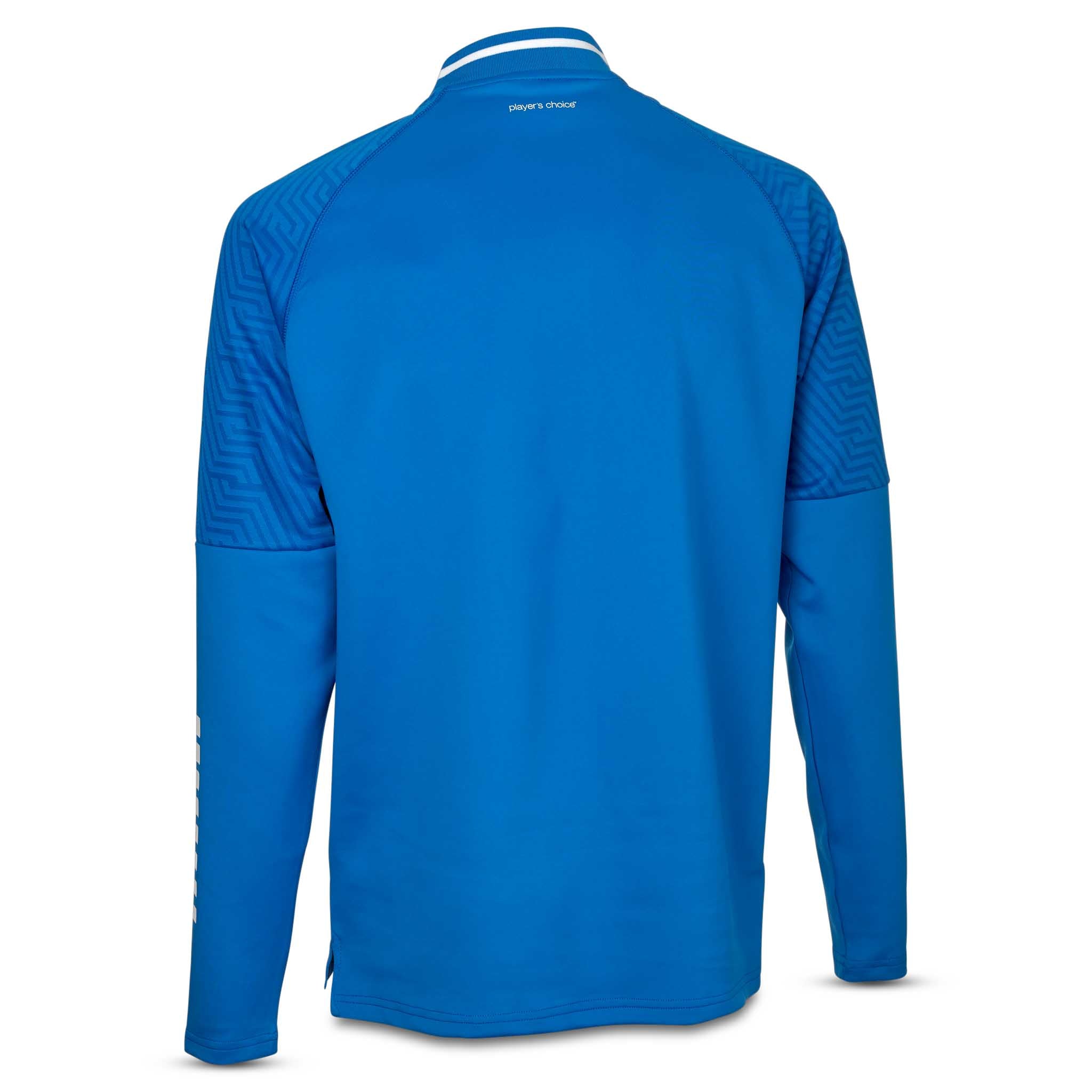 Back page of blue and white Training sweat 1/2 zip Monaco v24, Match & Training wear with textured shoulder detail.