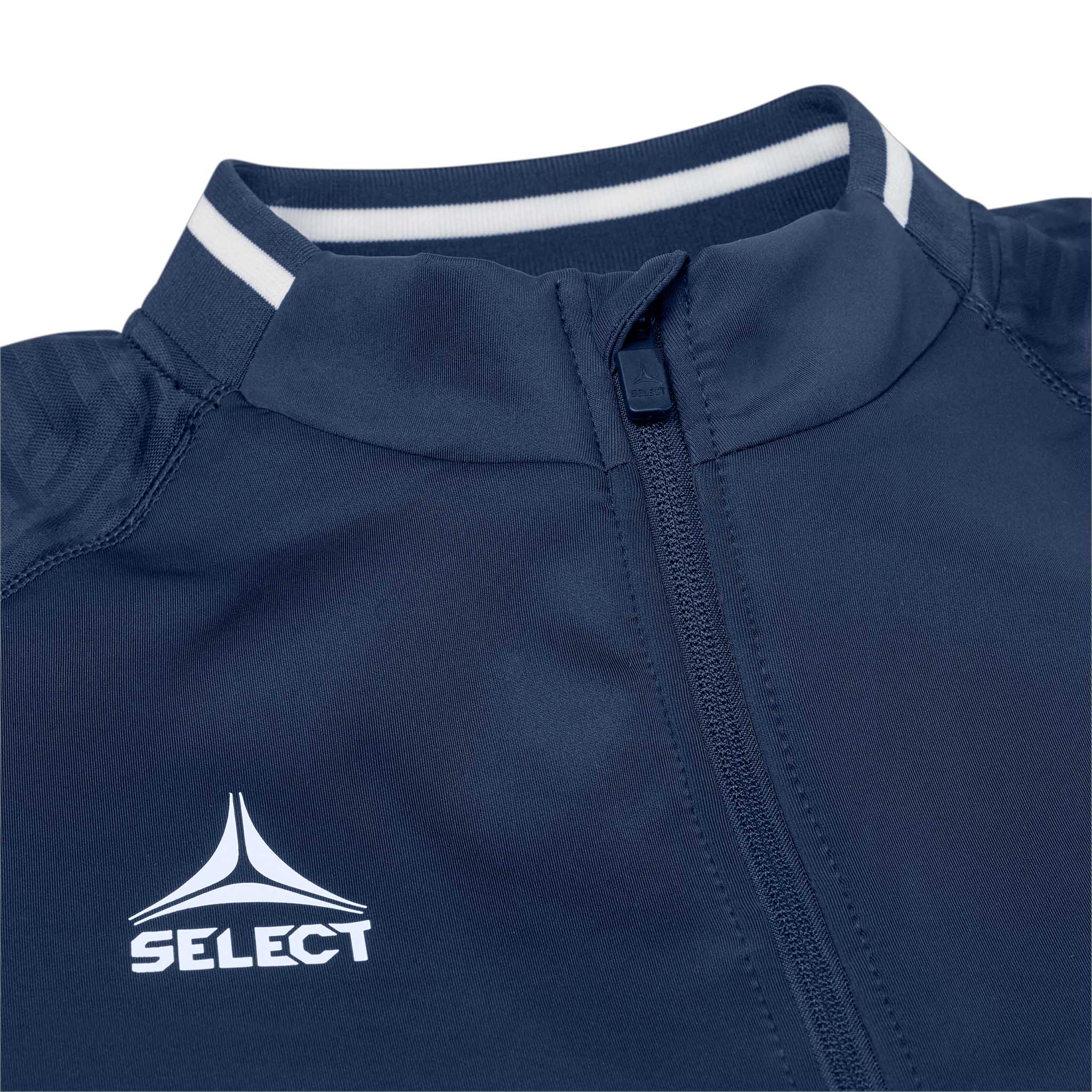 Closeup of navy Training sweat 1/2 zip Monaco v24, Match & Training wear, showing white logo, zip and ribbed collar