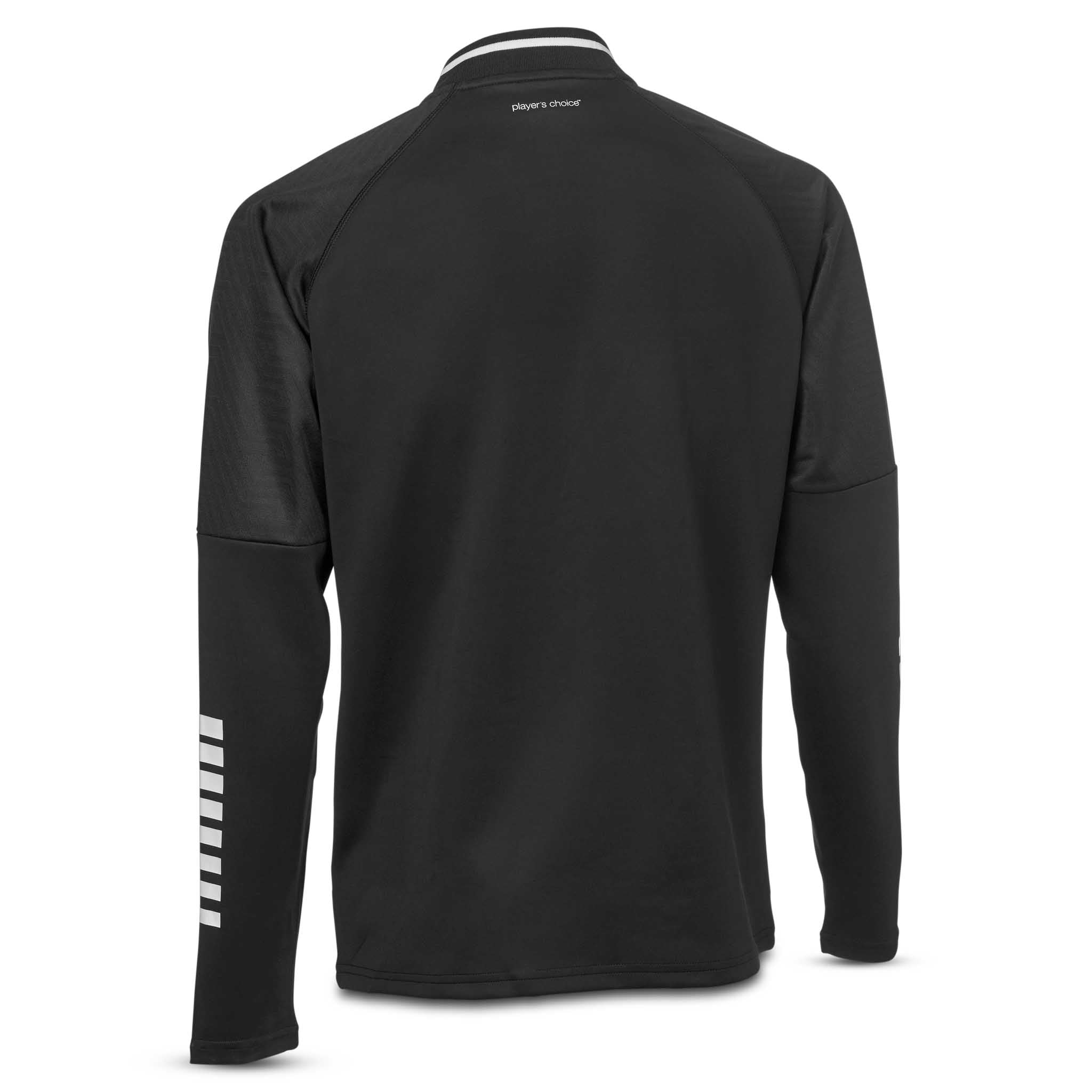 Back page of black Zip jacket Monaco v24, Match & Training wear, with white stripes on the sleeve for football.