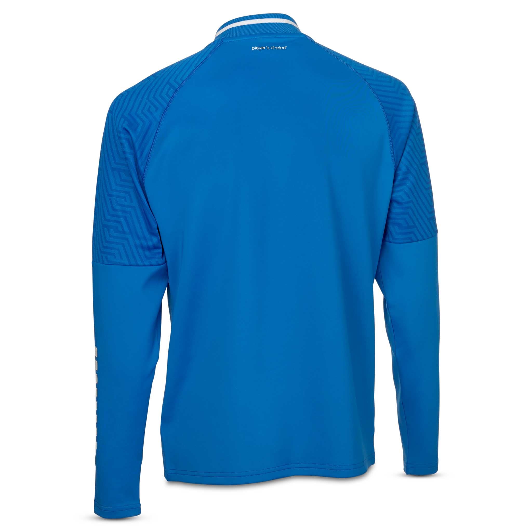 Back page of blue and white Zip jacket Monaco v24, football Match & Training wear