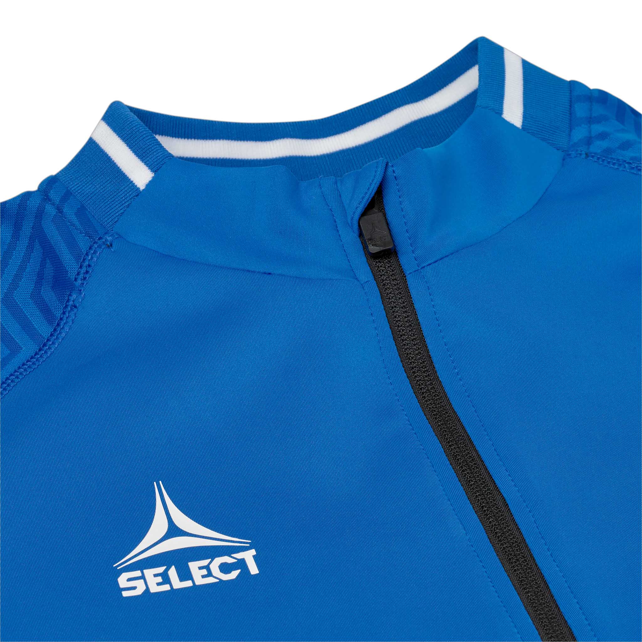 Closeup of blue-white Zip jacket Monaco v24, Match & Training wear, showing zipper, collar and Select logo