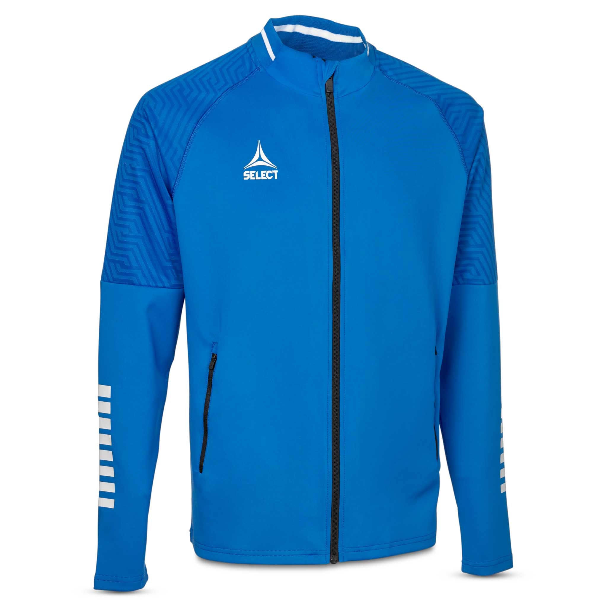 Front view of blue and white Zip jacket Monaco v24, football Match & Training wear