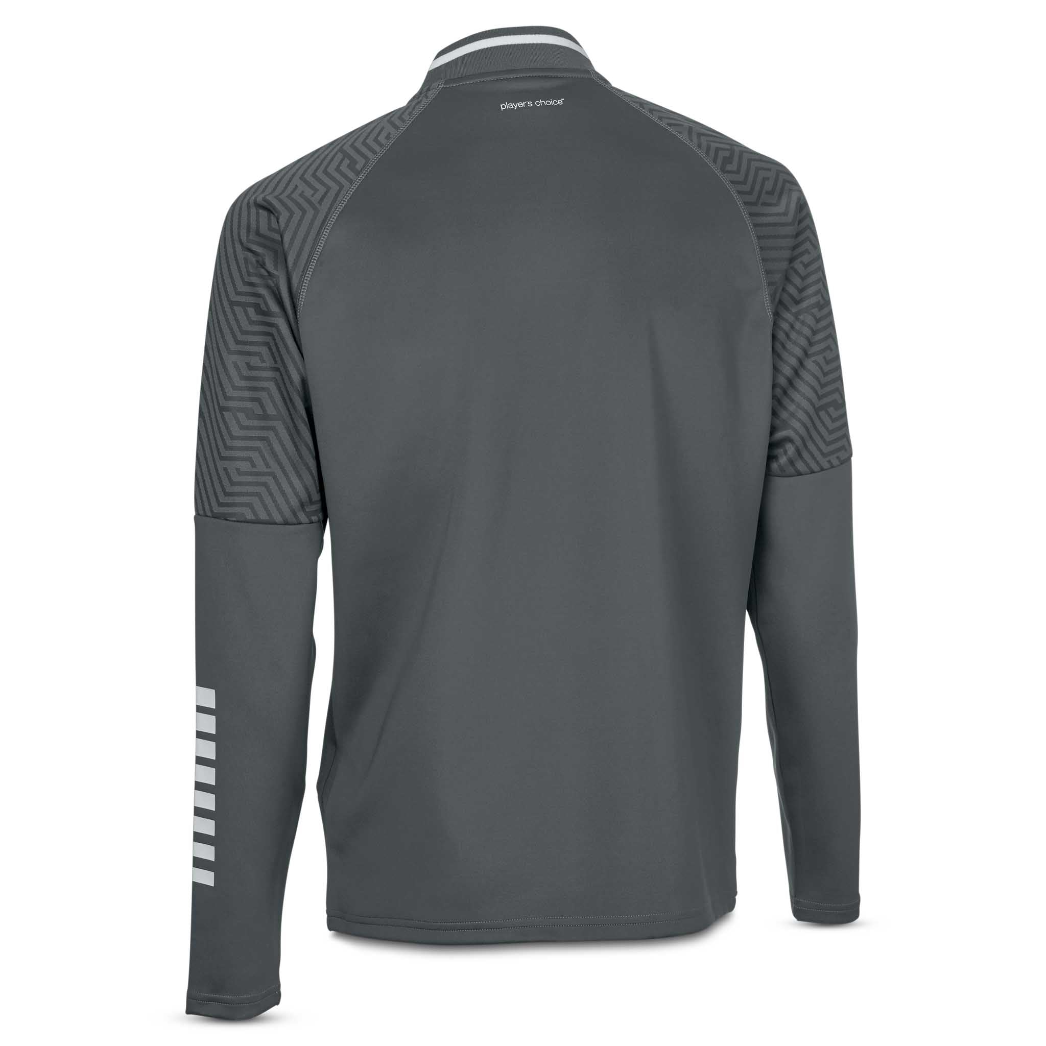 Back page of grey-white Zip jacket Monaco v24, Match & Training football wear with patterned sleeves.