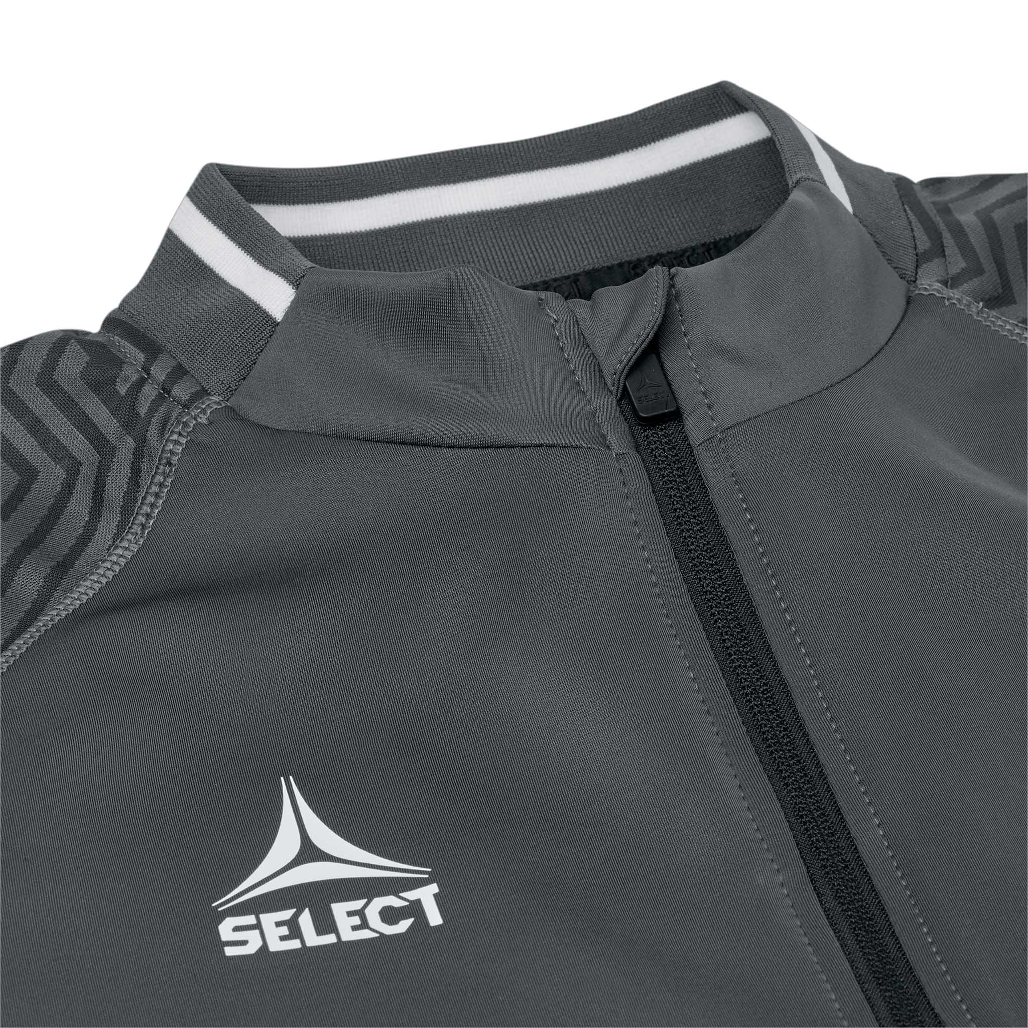 Closeup of grey Zip jacket Monaco v24, Match & Training wear, showing white collar trim, zip and Select logo.