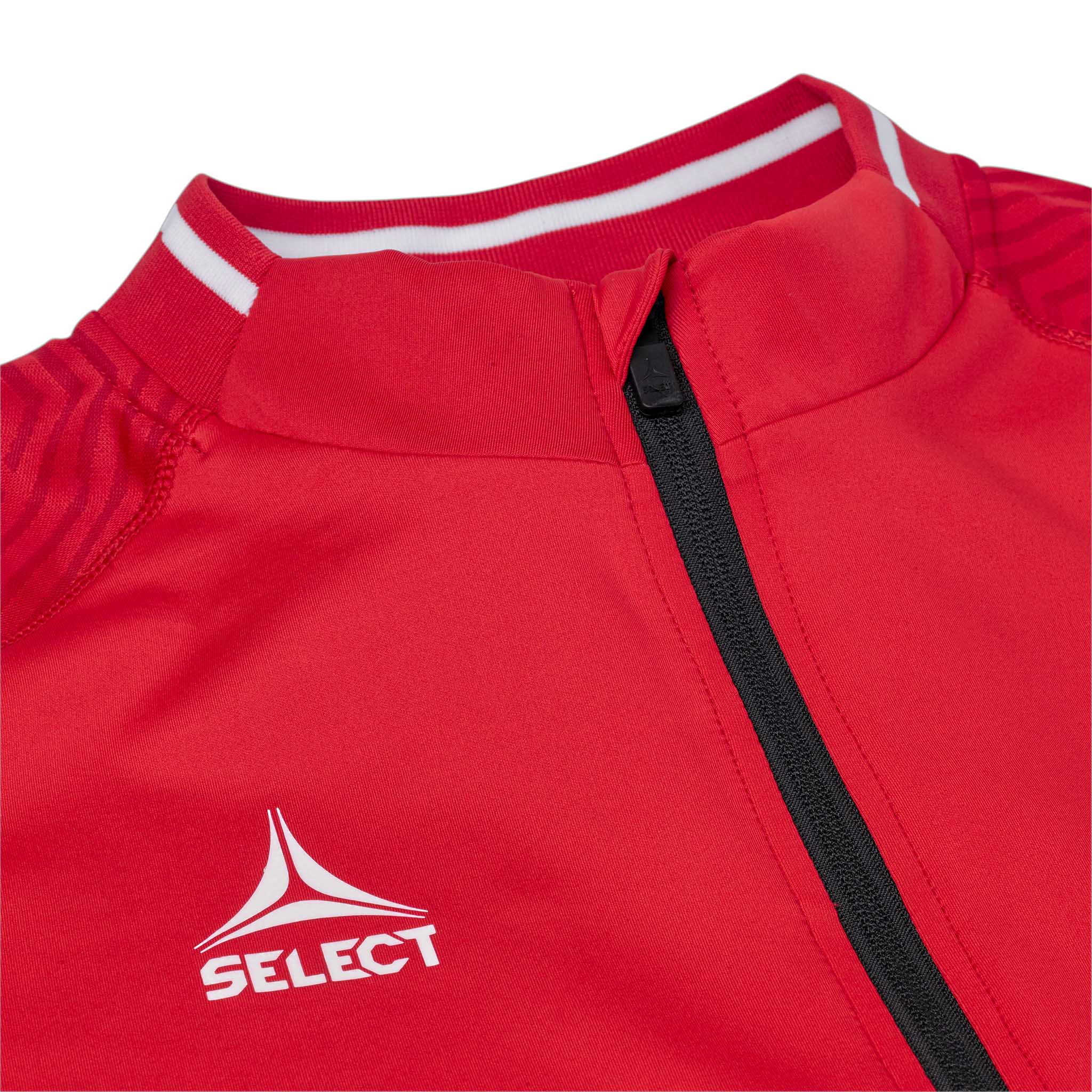 Closeup of red Zip jacket Monaco v24, Match & Training wear, black zip, white collar trim and football logo.