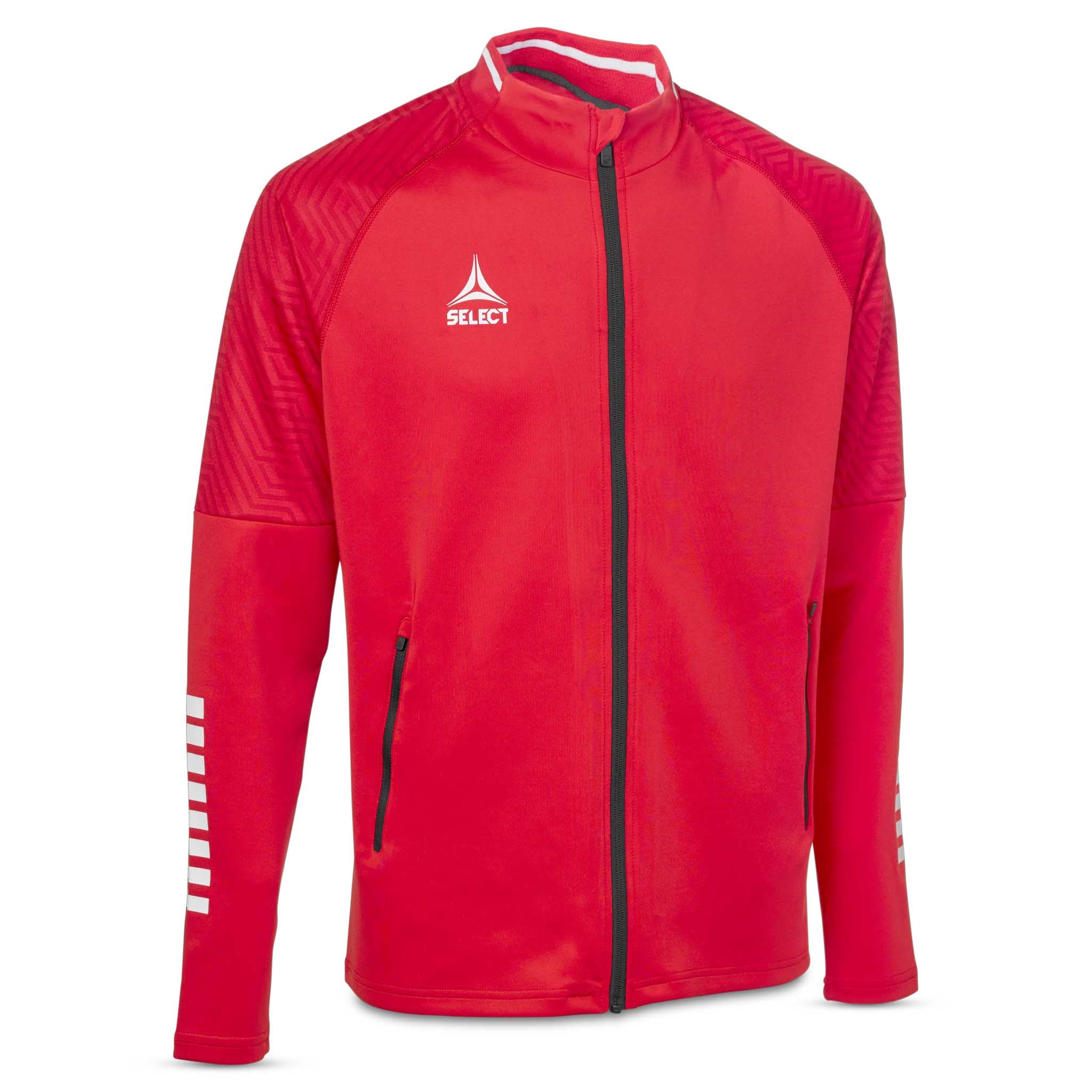 Front page of red and white Zip jacket Monaco v24, Match & Training wear for football.