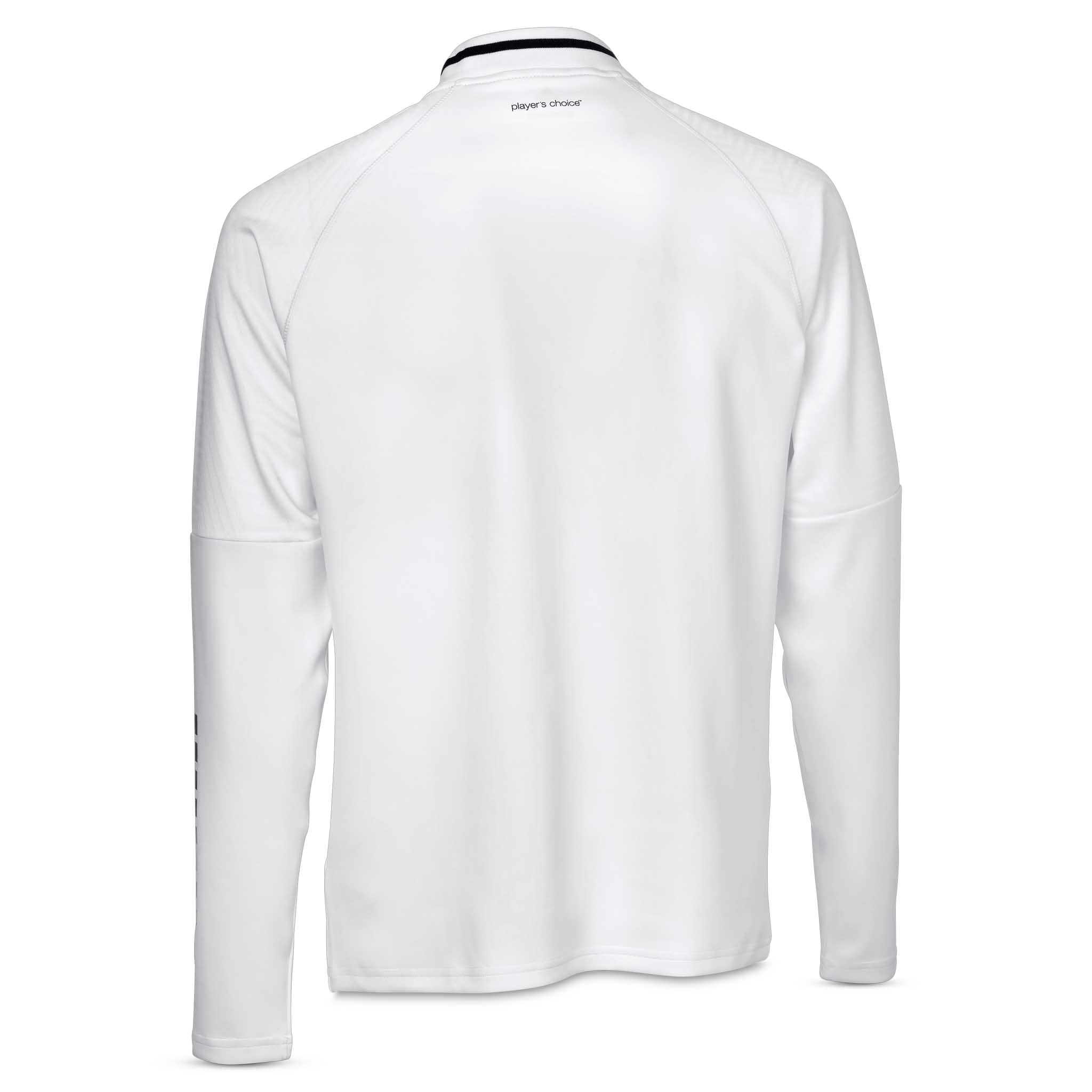 White Zip jacket Monaco v24, back page. Football match & training wear with black collar detail.