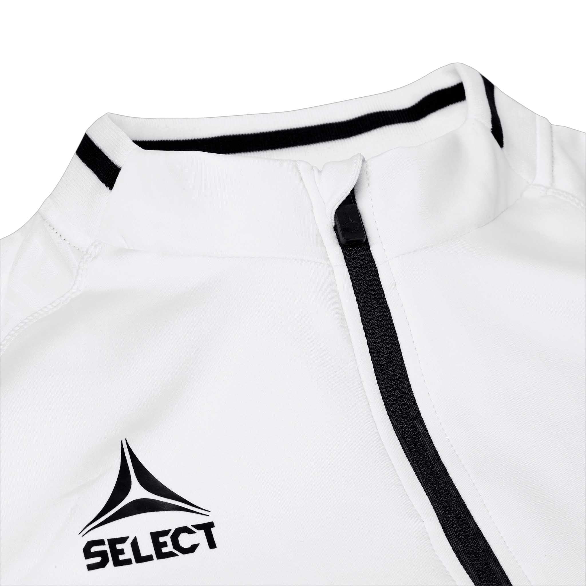Closeup of white Zip jacket Monaco v24, Match & Training wear, showing black zipper, collar trim and Select logo.