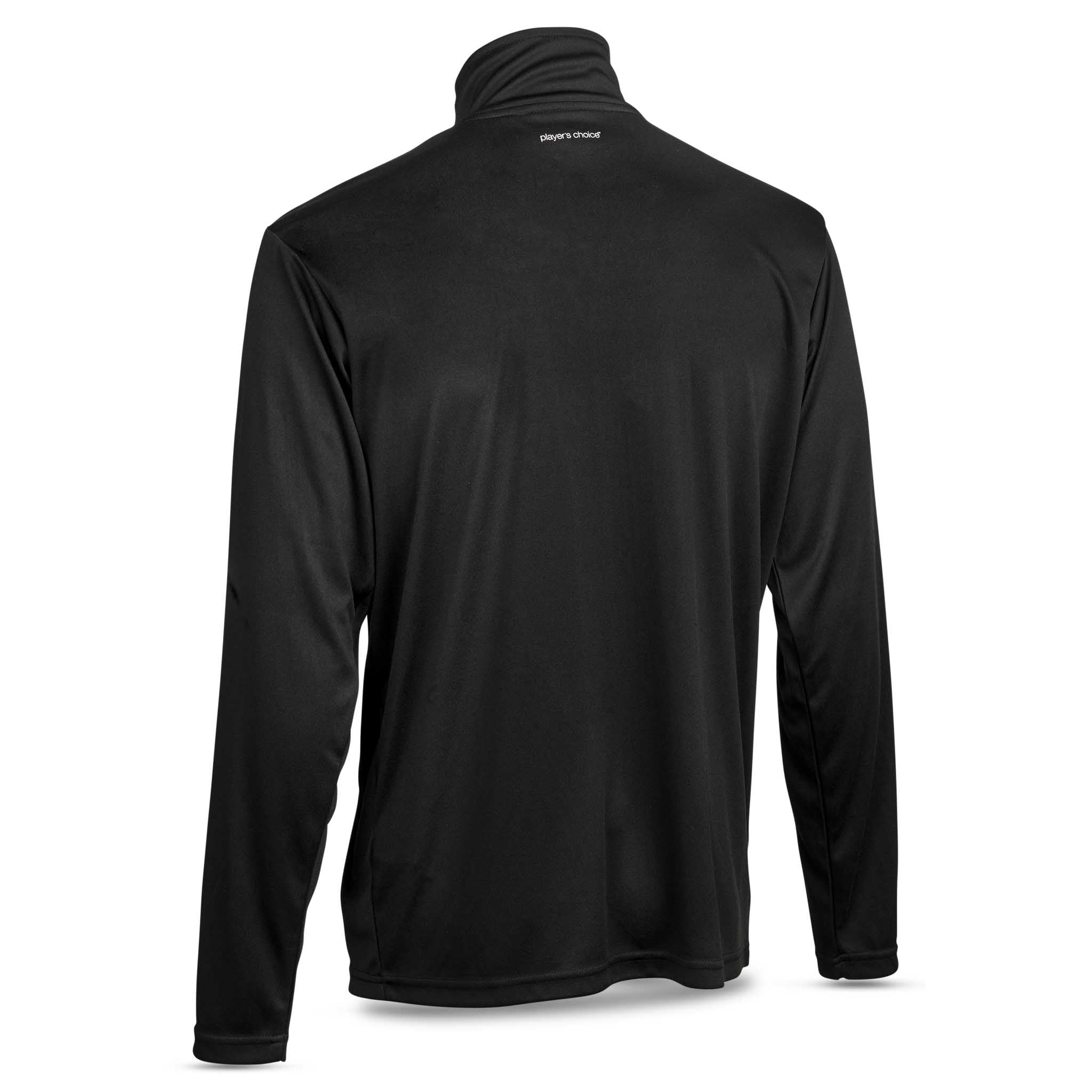 Back page of black Training zip jacket Pisa, Match & Training wear with white logo detail.