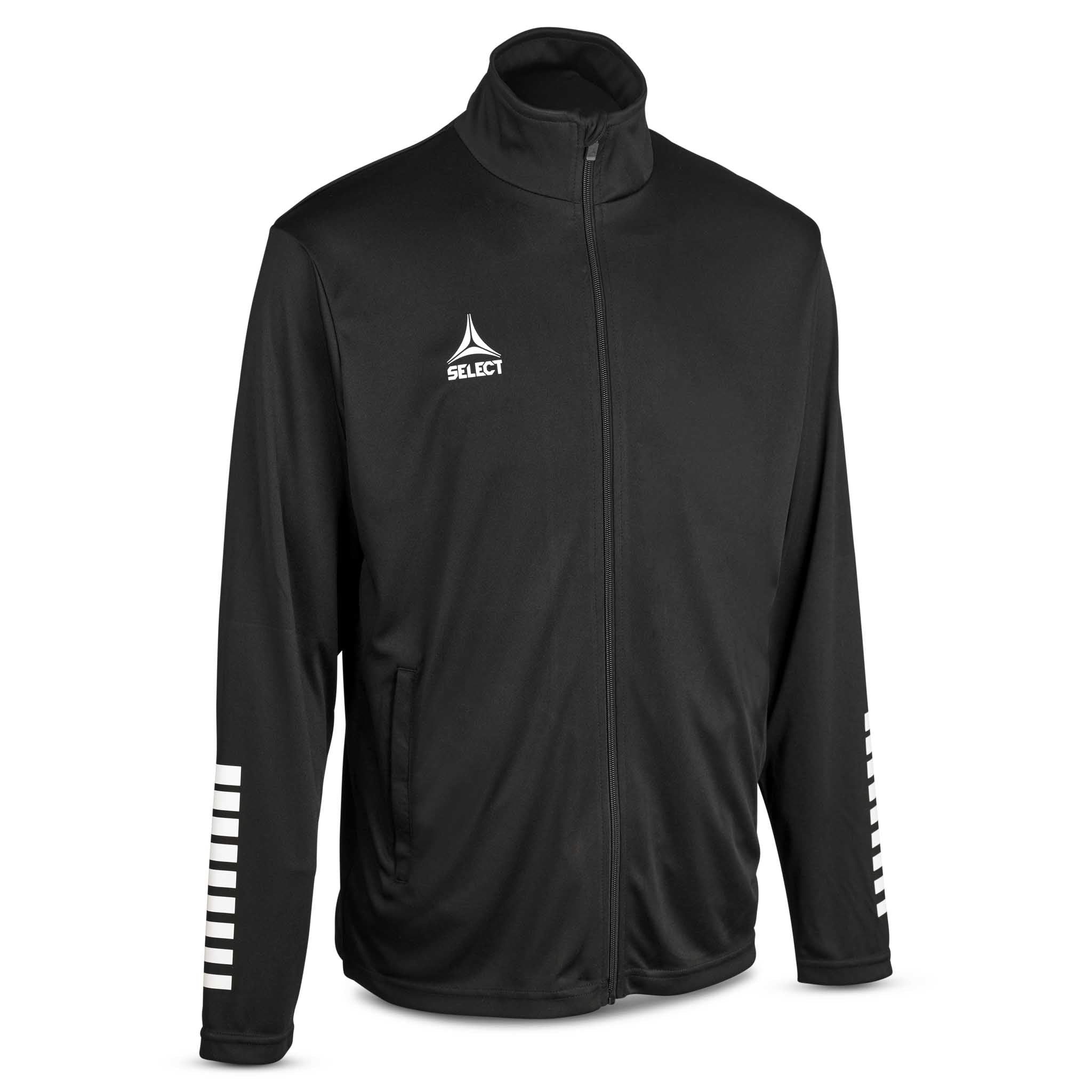 Front view of black and white Training zip jacket Pisa, Match & Training wear with full zip and white cuff details.