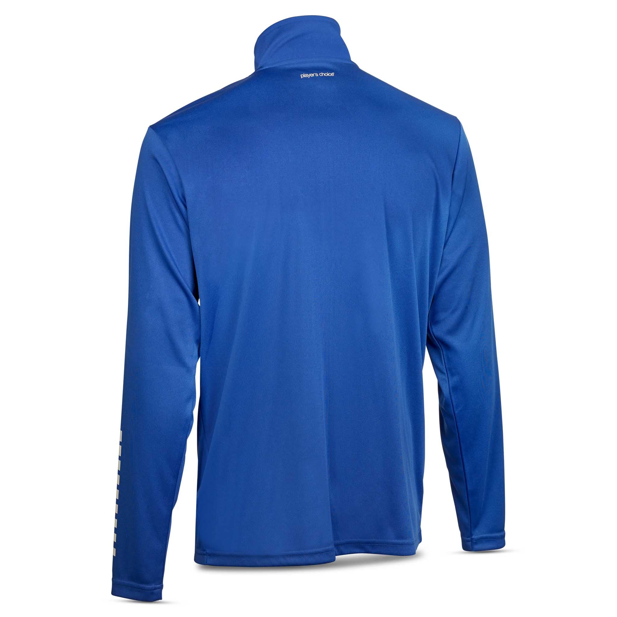 Back page of blue Training zip jacket Pisa, Match & Training wear, with white logo detail on collar.
