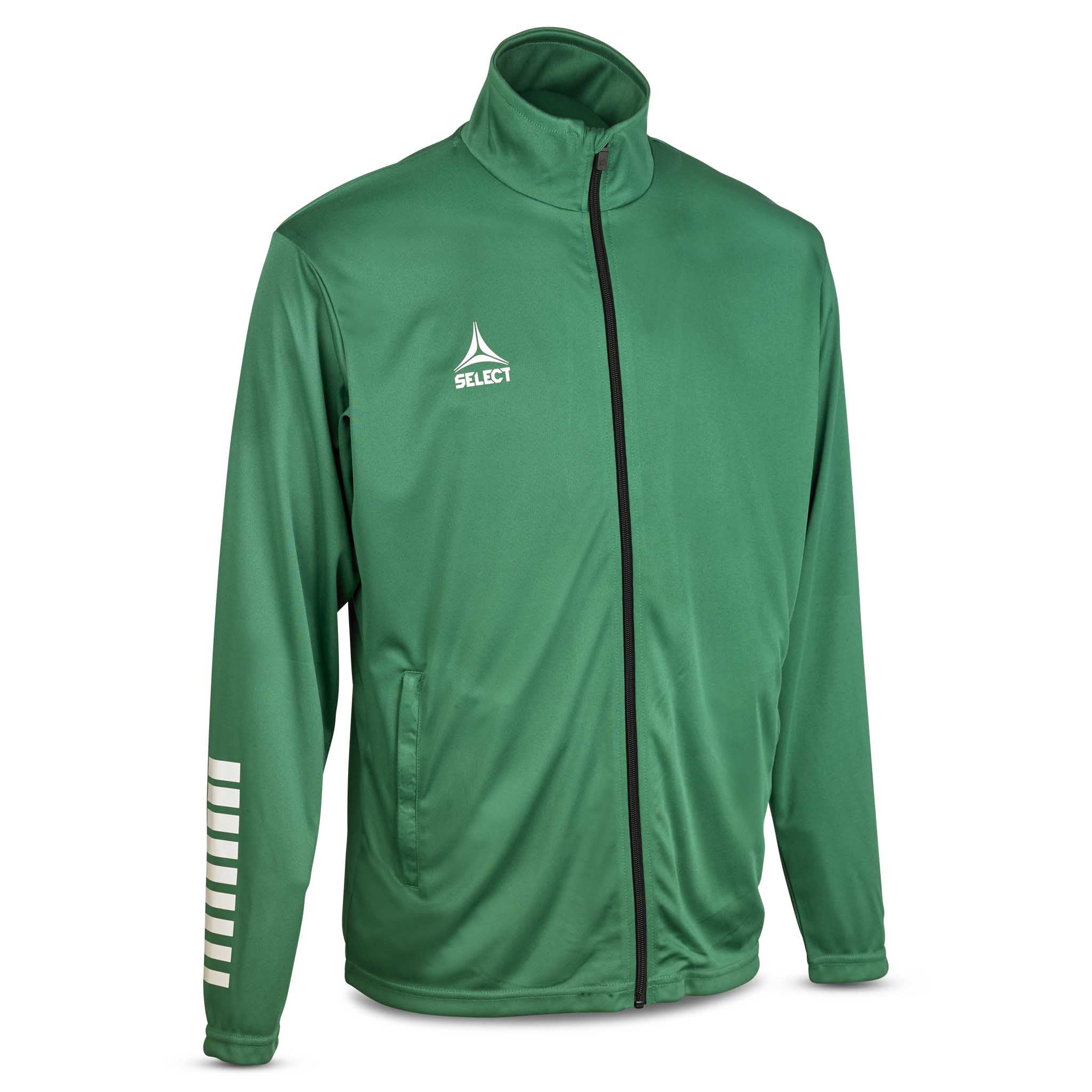 Front view of green Training zip jacket Pisa with black zipper and white sleeve details, football Match & Training wear.