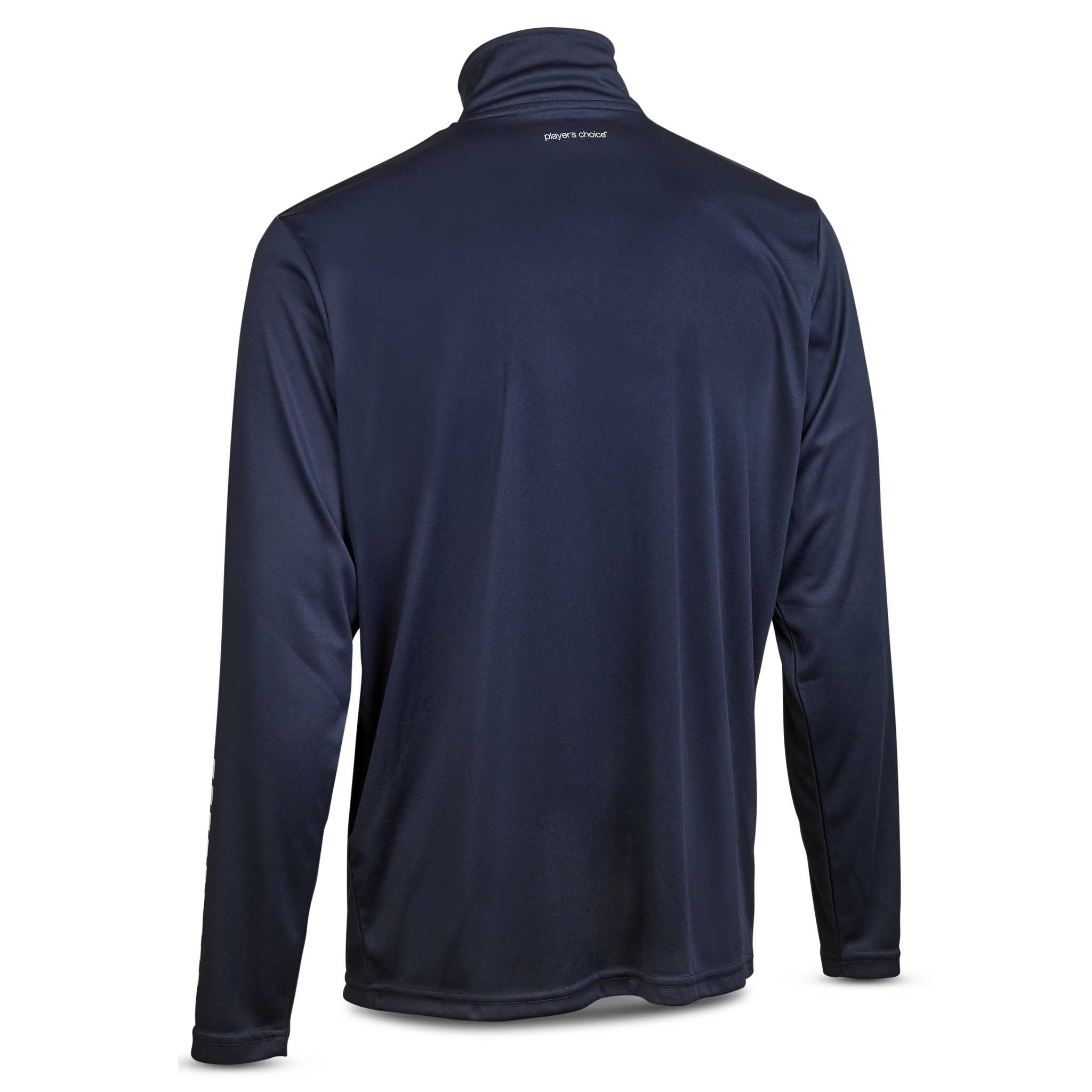 Back page of navy Training zip jacket Pisa, Match & Training football wear