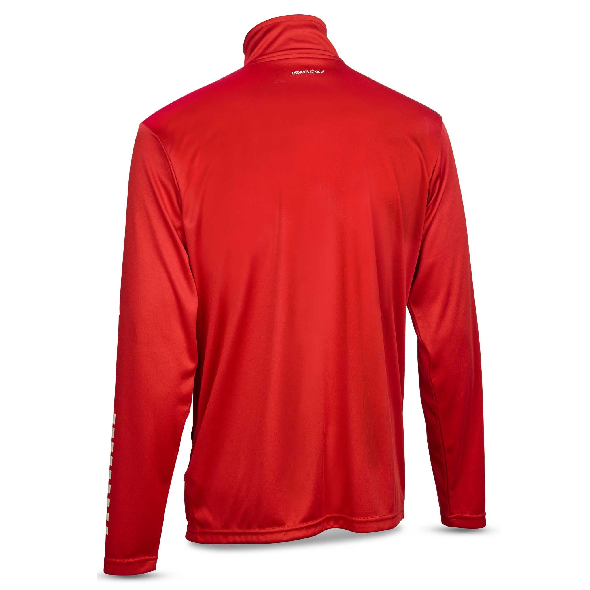 Back page of red and white Training zip jacket Pisa, Match & Training wear, with white logo on sleeve