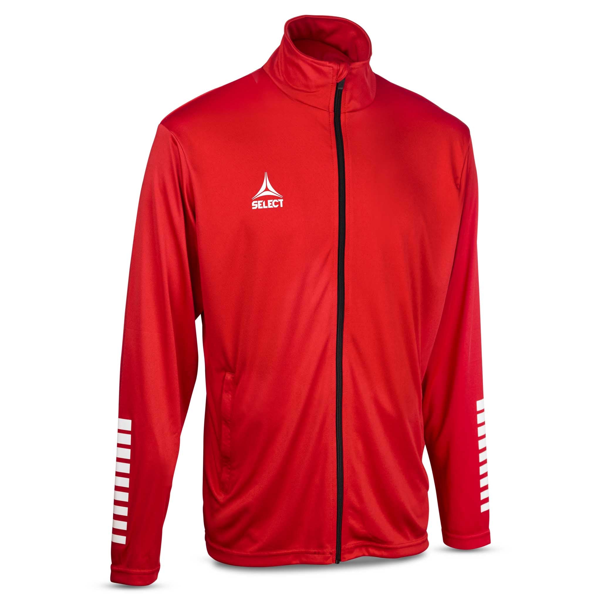Front view of red Training zip jacket Pisa with white stripes, Match & Training wear